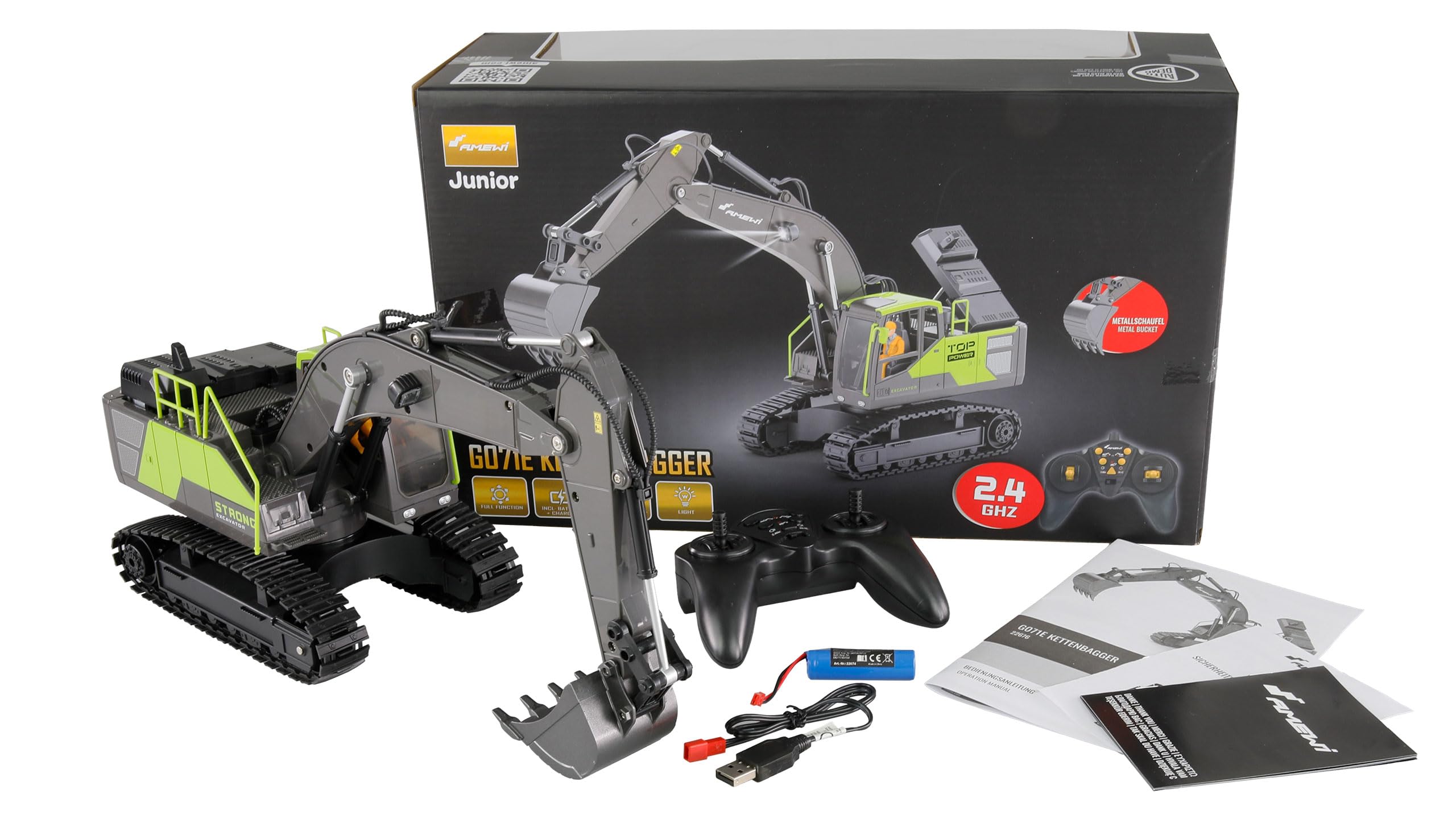 Amewi G071E Escavatore a catena 1:18 RTR telecomandato RC Escavatore bambini 8 anni, verde antracite