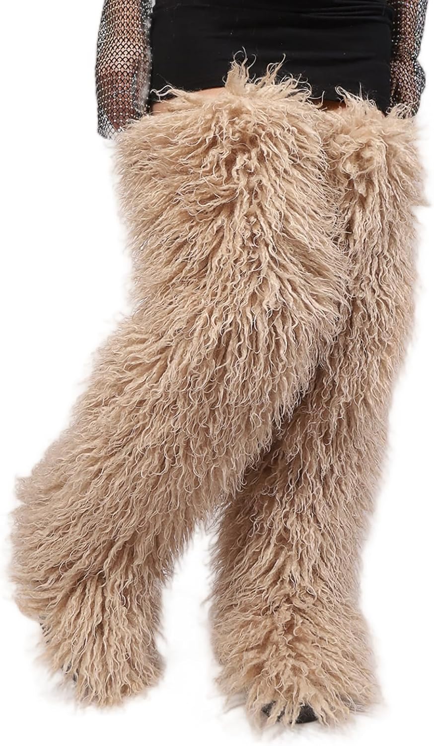 Women's fur knee-high boots, Y2K over-the-knee fur boots, fluffy flat fur boots, height 28in