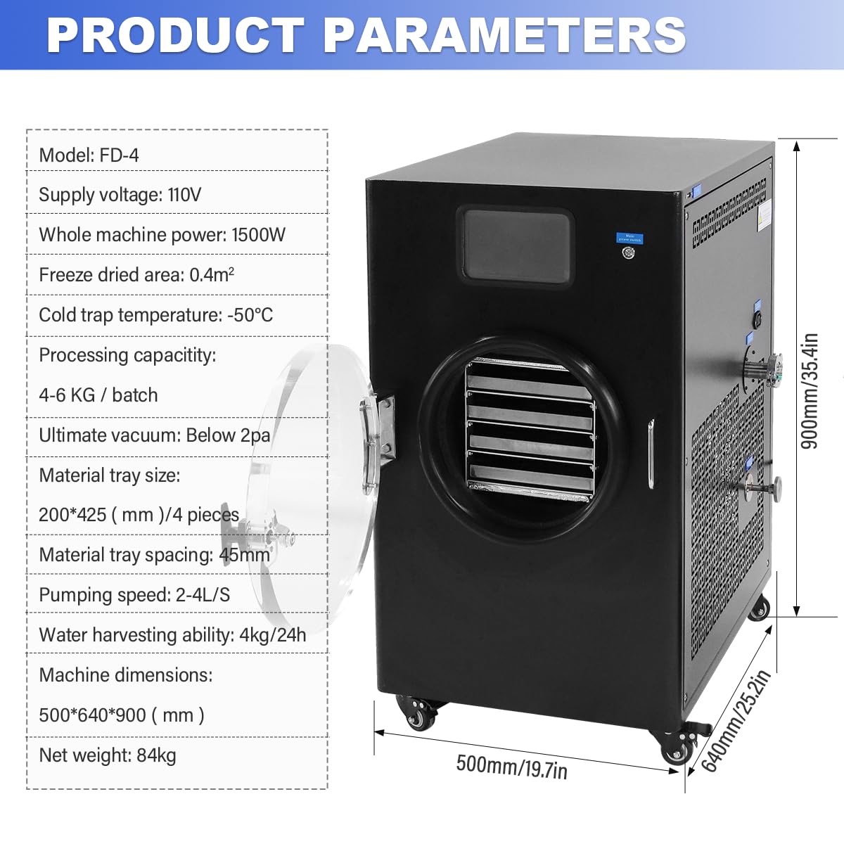 4L Freeze Dryer -35℃ Scientific Freeze Dryer Machine with Rotary Vane Vacuum Pump,Vacuum Sublimation Dryer，110V Freeze Dryer for Food