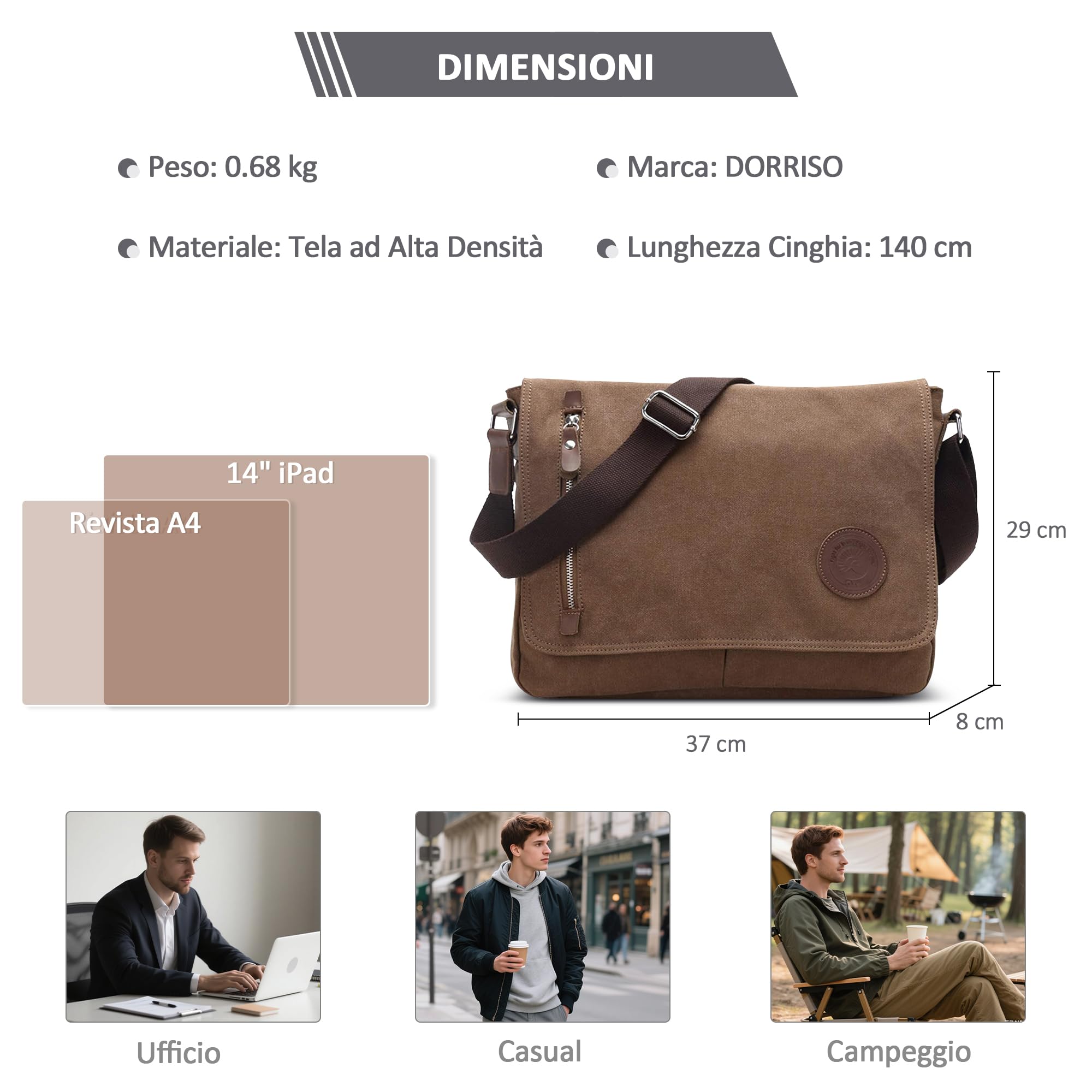 Uomo Borsa a Tracolla Moda Borse Messenger Ventiquattrore 14 pollici Laptop Messenger Bag Briefcase Viaggio Causale Lavoro Scuola Tela Borsa a Tracoll Marrone