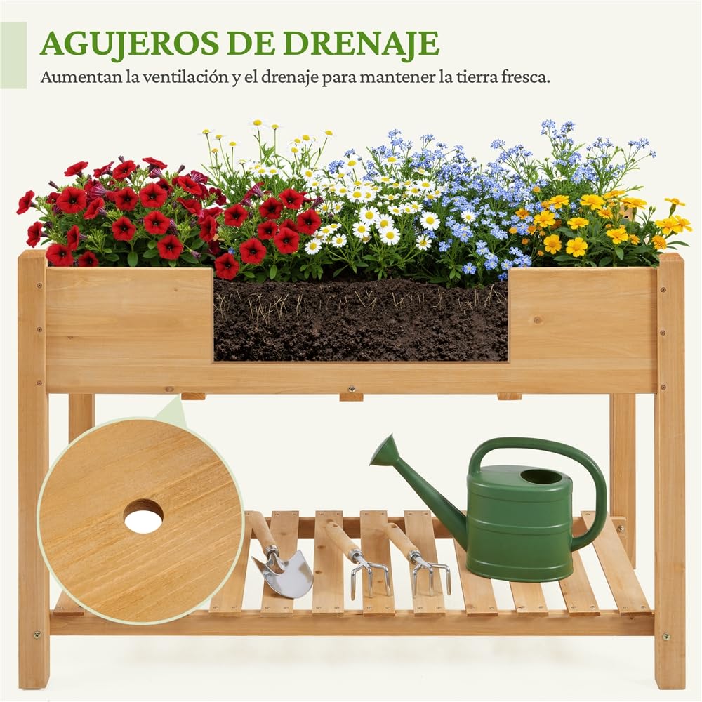 Yaheetech Huerto Urbano 2 Pisos con Estantes Jardinera Elevada de Madera Abeto Mesa de Cultivo para Plantas Flores Balcón Jardín 119x80x57cm