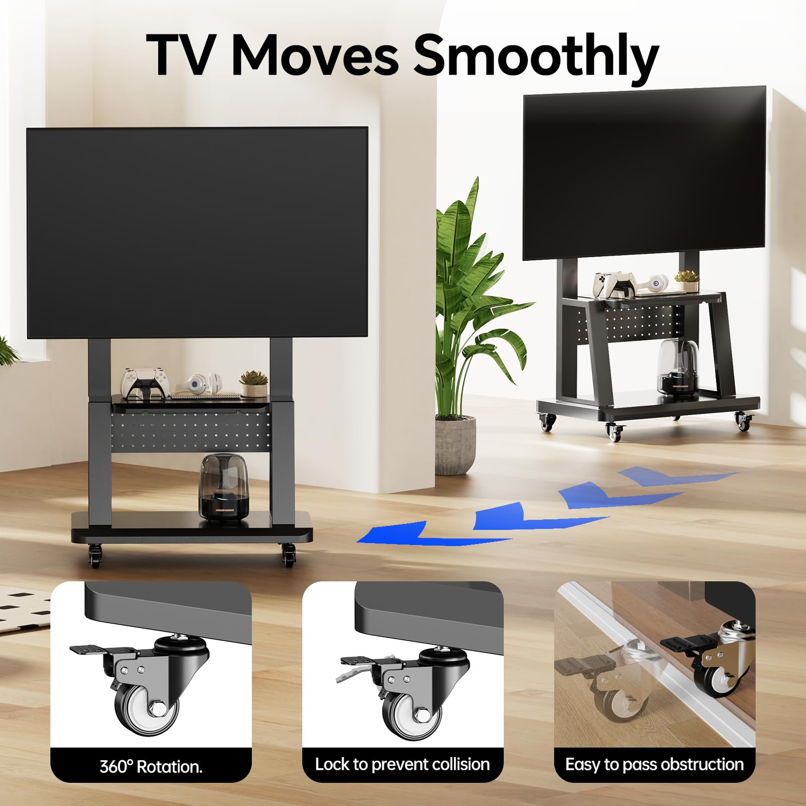 Soporte de TV móvil con ruedas para TV de 32 a 75 pulgadas plano/curvado/LCD/OLED, soporte portátil de suelo con estante de acero y plataforma de agujero, altura ajustable soporta hasta 180 libras