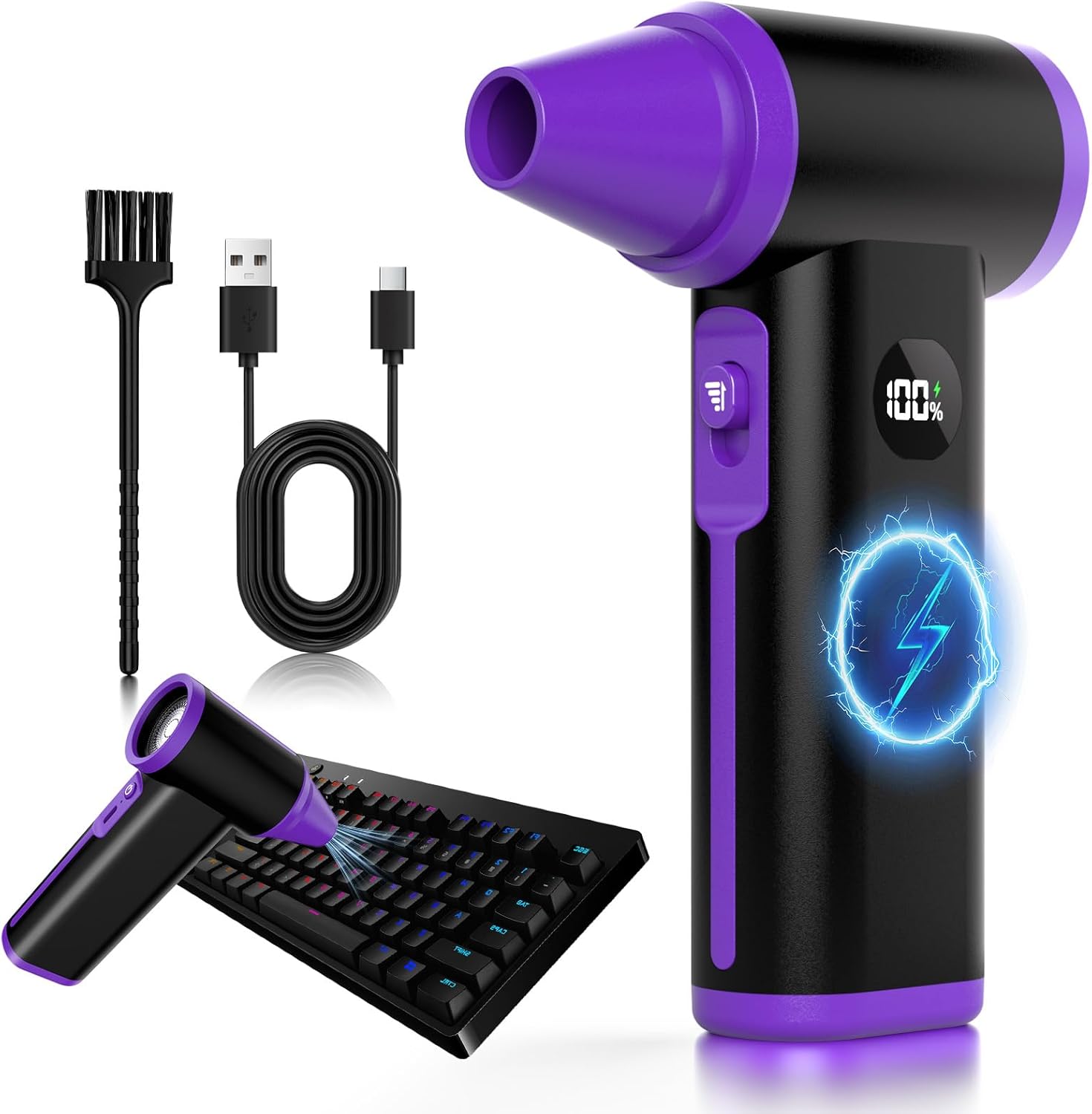 Godboat Keyboard Cleaner - 130000 RPM Electric Air Duster, 8-Gear Compressed Air Dusters, Rechargeable Handheld Blower, Portable Cordless Cleaning Tool, Tech Gifts for PC/Computer/Car/Office, Black