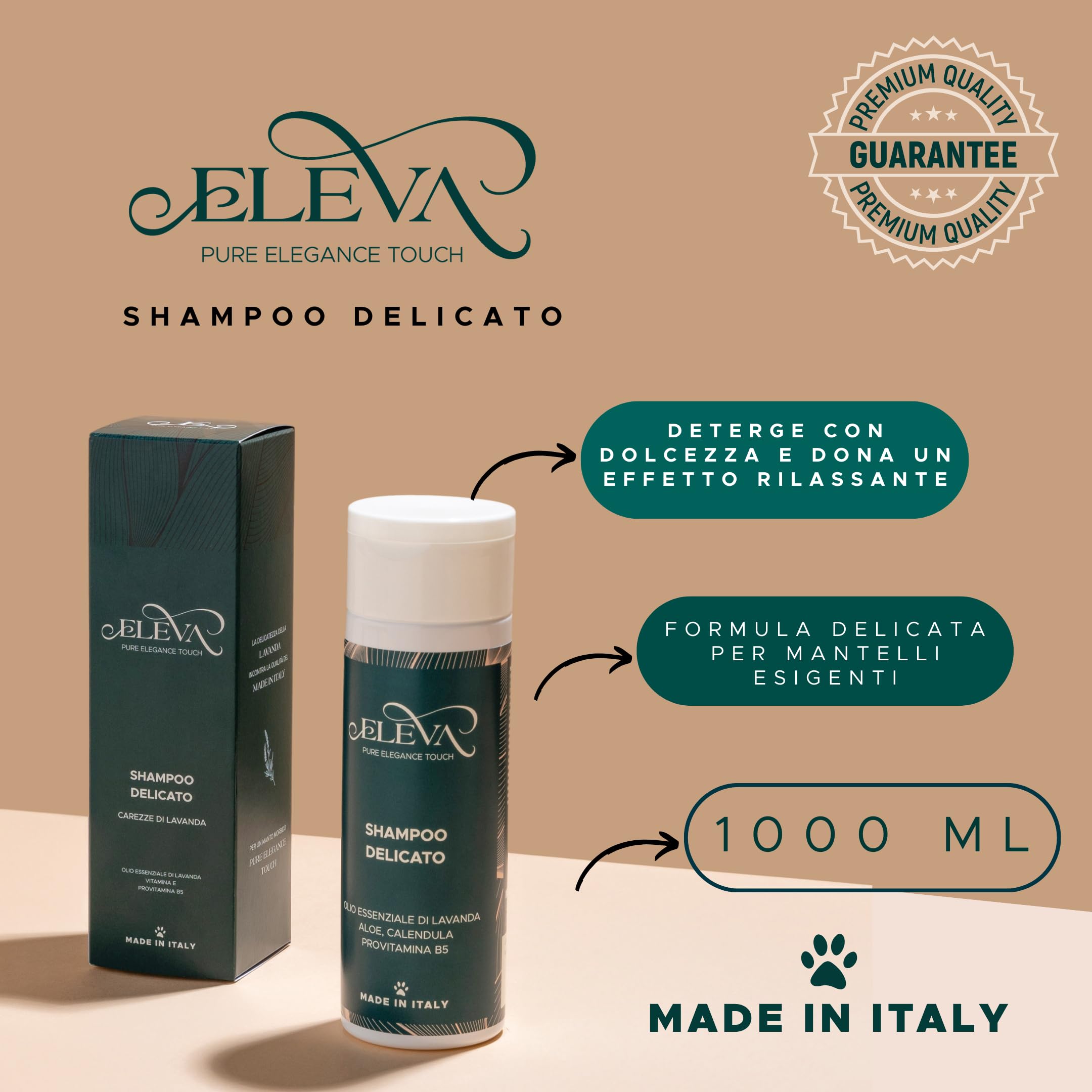 ELEVA PET - Shampoo Cani Pelo Lungo - all'Olio Essenziale di Lavanda con Vitamine - Ammorbidisce, Idrata ed Igenizza il Pelo - Milgiora Salute e Qualità del Pelo - Made in Italy - 1000 ml