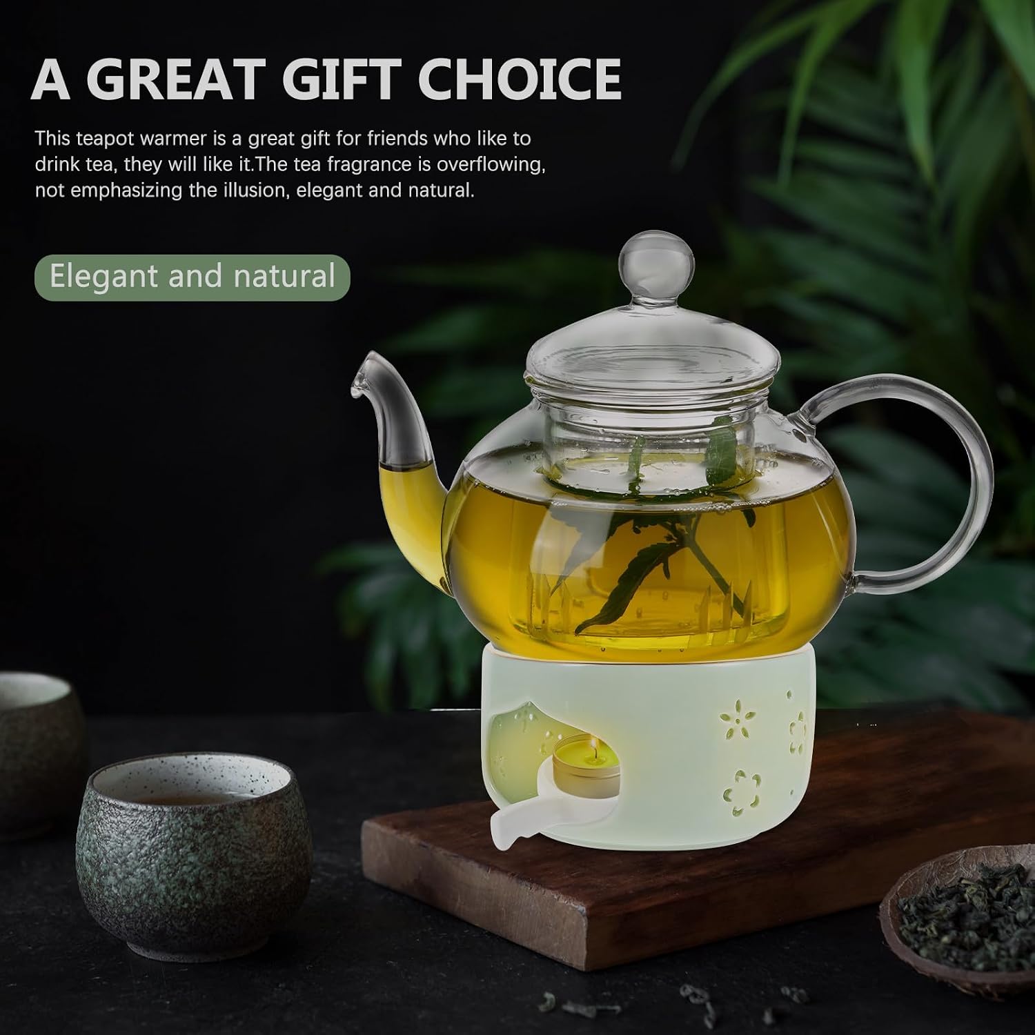 Ceramic Tea Warmer with Porous Ventilation for Full Combustion Lightweight Portable Teapot Heating Base in Light Green Gift for Tea Lovers