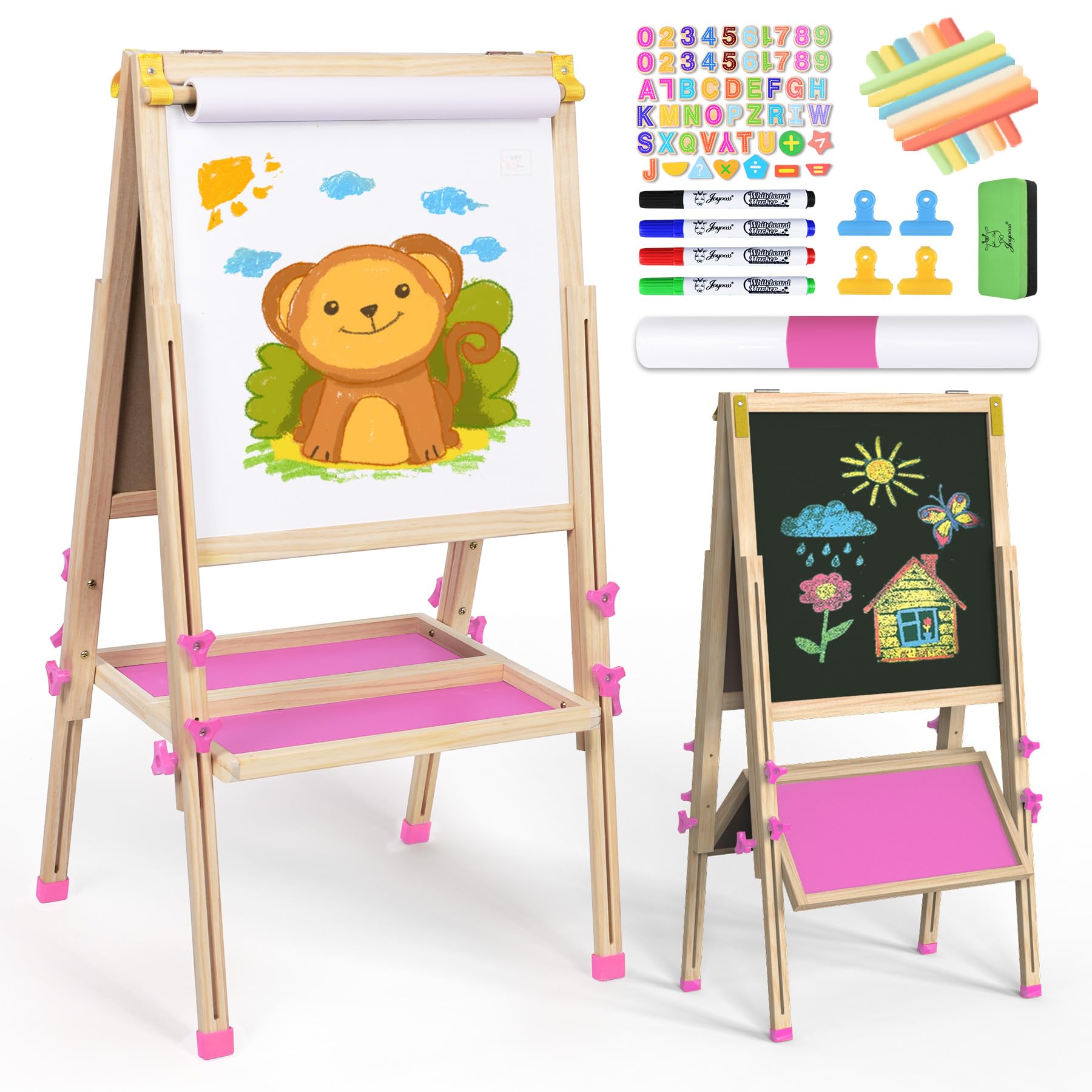 Joyooss Chevalet En Bois Réglable 3-en-1 – Tableau Magnétique Et Craie – 98+ Accessoires – Cadeau Artistique Pour Enfants