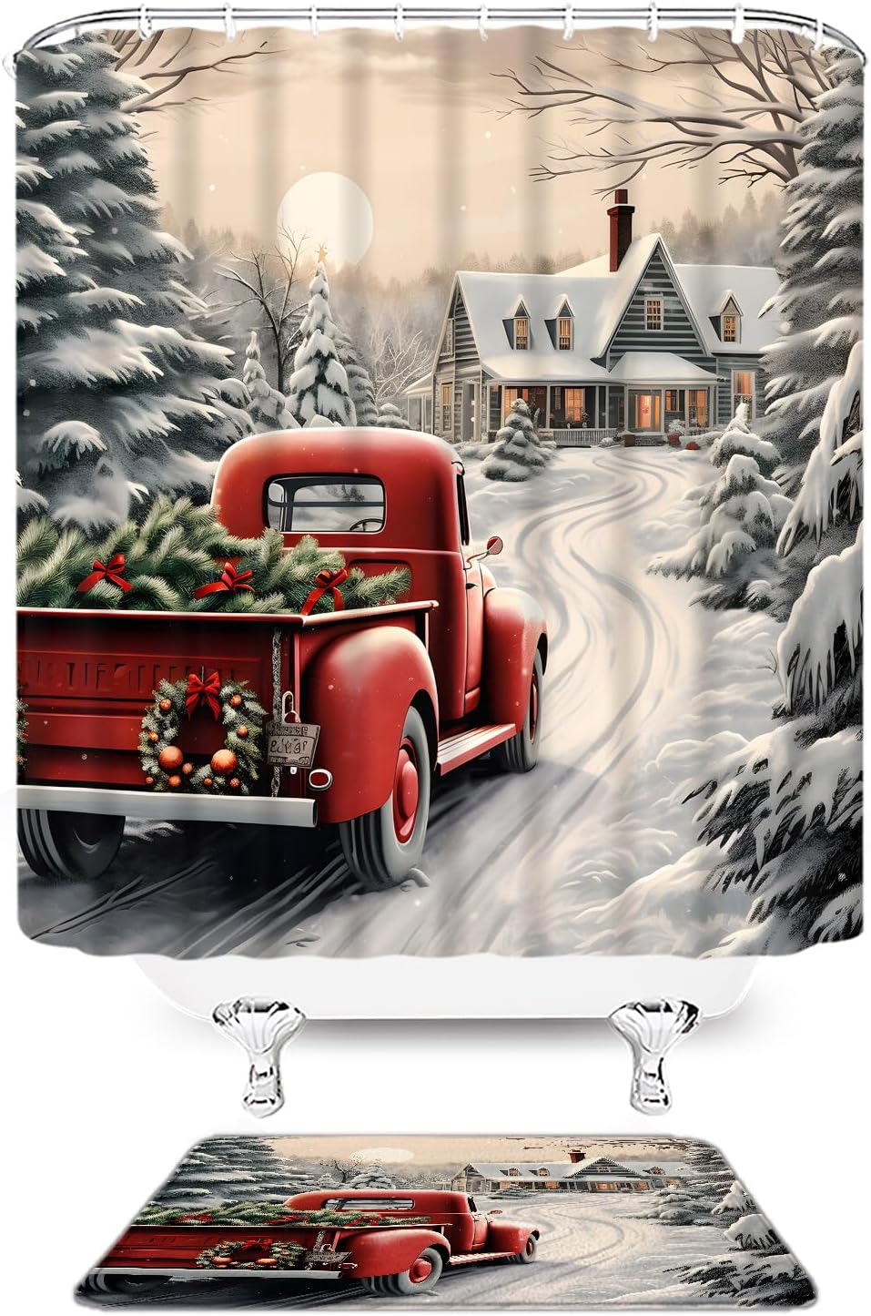 Winter Christmas Shower Curtain Red Christmas Truck Dog Pine Tree Holiday Happy New Year Fabric Bathroom Curtain Set with Hooks(70" Wx74.8 H)
