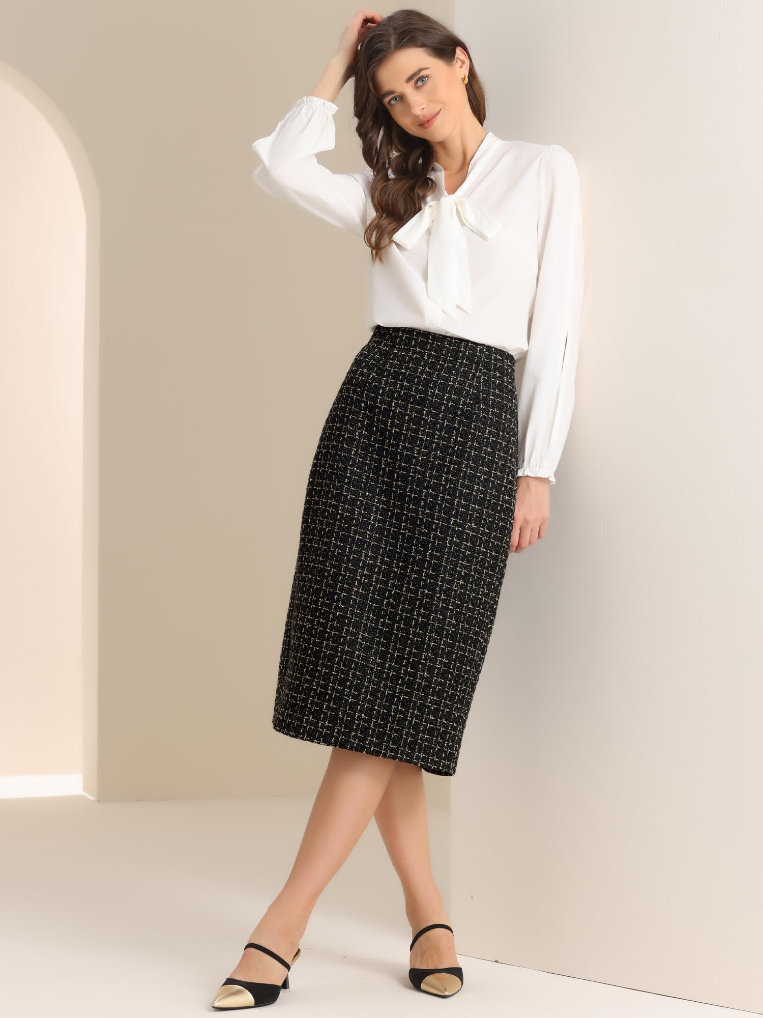 Allegra K Jupe crayon moulante à carreaux en tweed taille haute pour femme