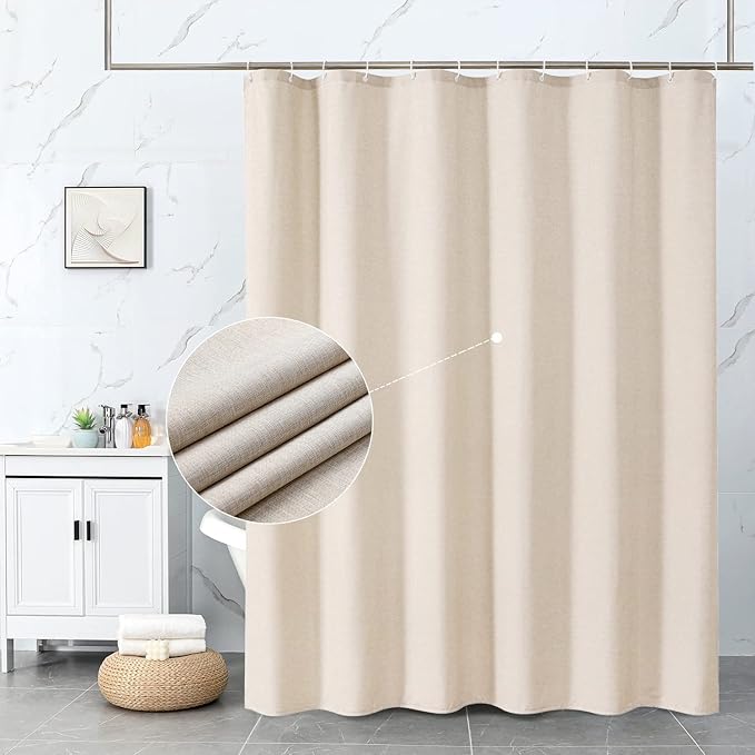 Krismile Fabric Anti Mould Linen Beige Shower Curtain, Waterproof