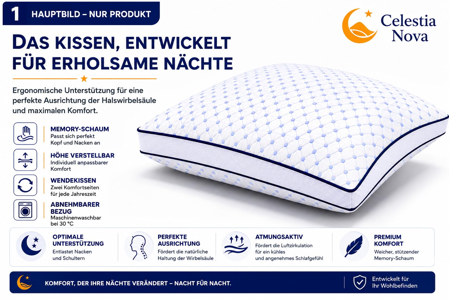 Celestia Nova Ergonomisches Nackenkissen – Höhenverstellbares Memory Foam Kissen, Orthopädisches Kopfkissen für Seiten-, Rücken- und Bauchschläfer, Kühlende Gel-Fasern, Oeko-TEX