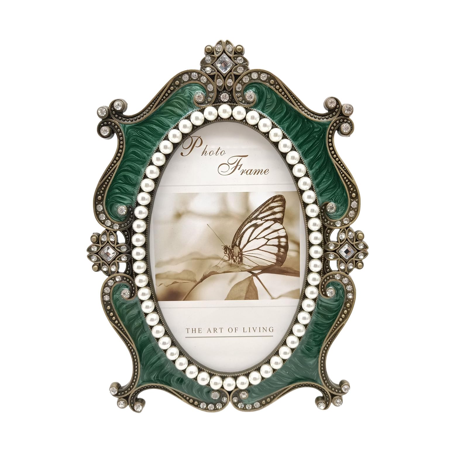 Decorative Ornate Antique Oval Photo Frame with Detailing Crystal Pearls Trimmed Picture Frame Tabletop Display Family Photo Display