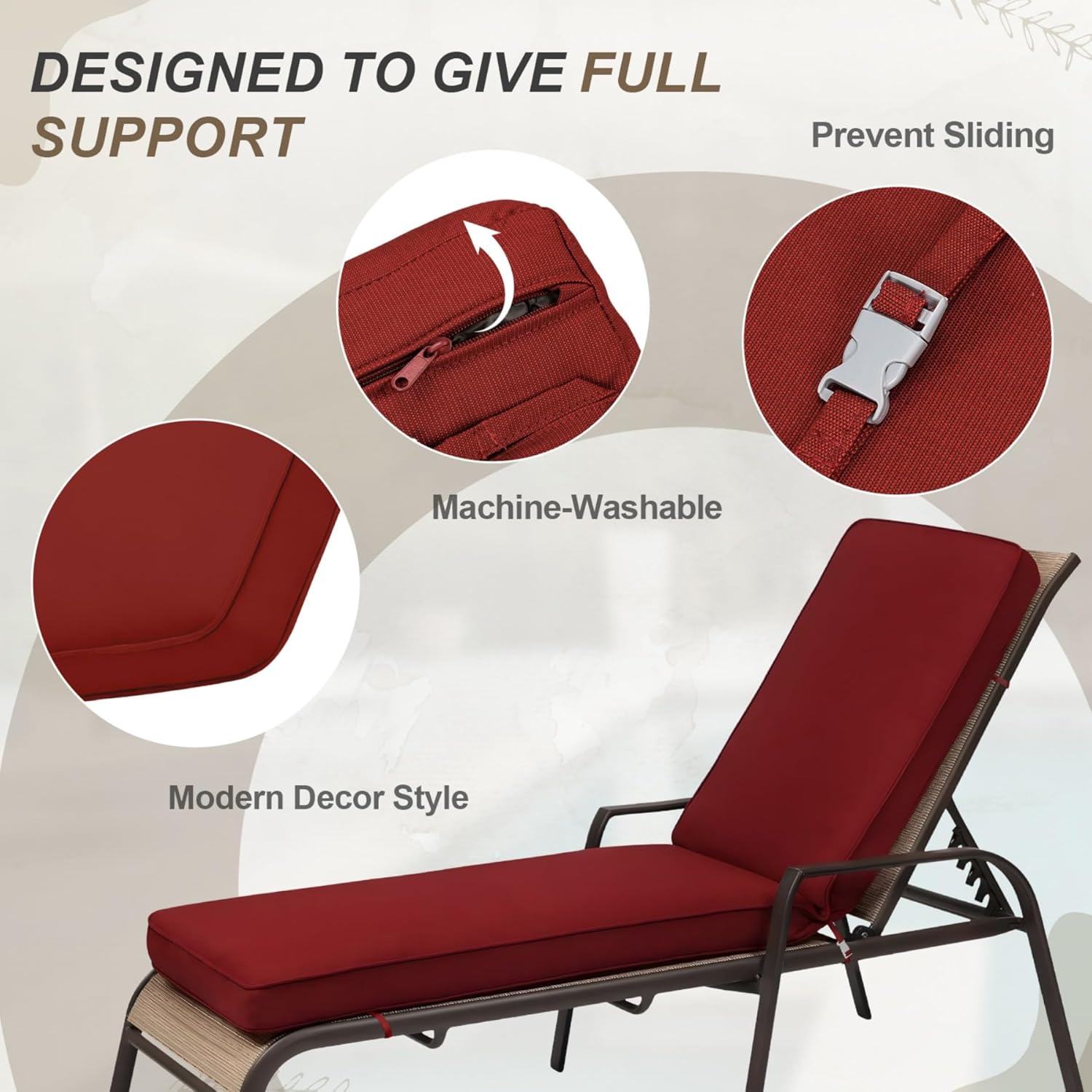 BPS 72x22 Inch Outdoor Chaise Lounge Cushions 2-Pack, Fade & Water Resistant Olefin Fabric Patio Chair Cushions, Removable Cover & Adjustable Straps for Sunbathing, Tanning Loungers & Recliners