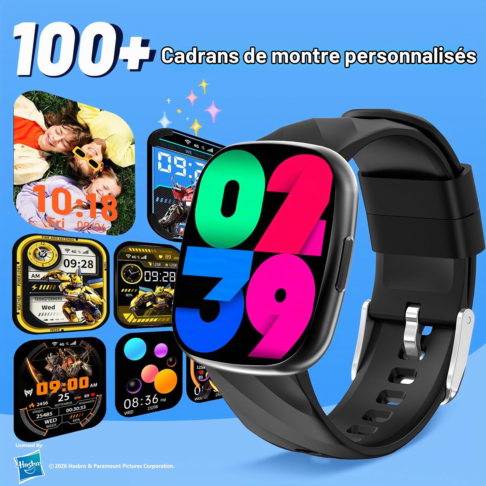 Transformers Montre Intelligente Enfant, Montre Connectée Sport avec Appel Bluetooth, Cardio/Sommeil/Podomètre, 100+ Modes Sportifs IP68 Étanche, Idée Cadeau Anniversaire Garçon Fille 6-12 Ans,Black