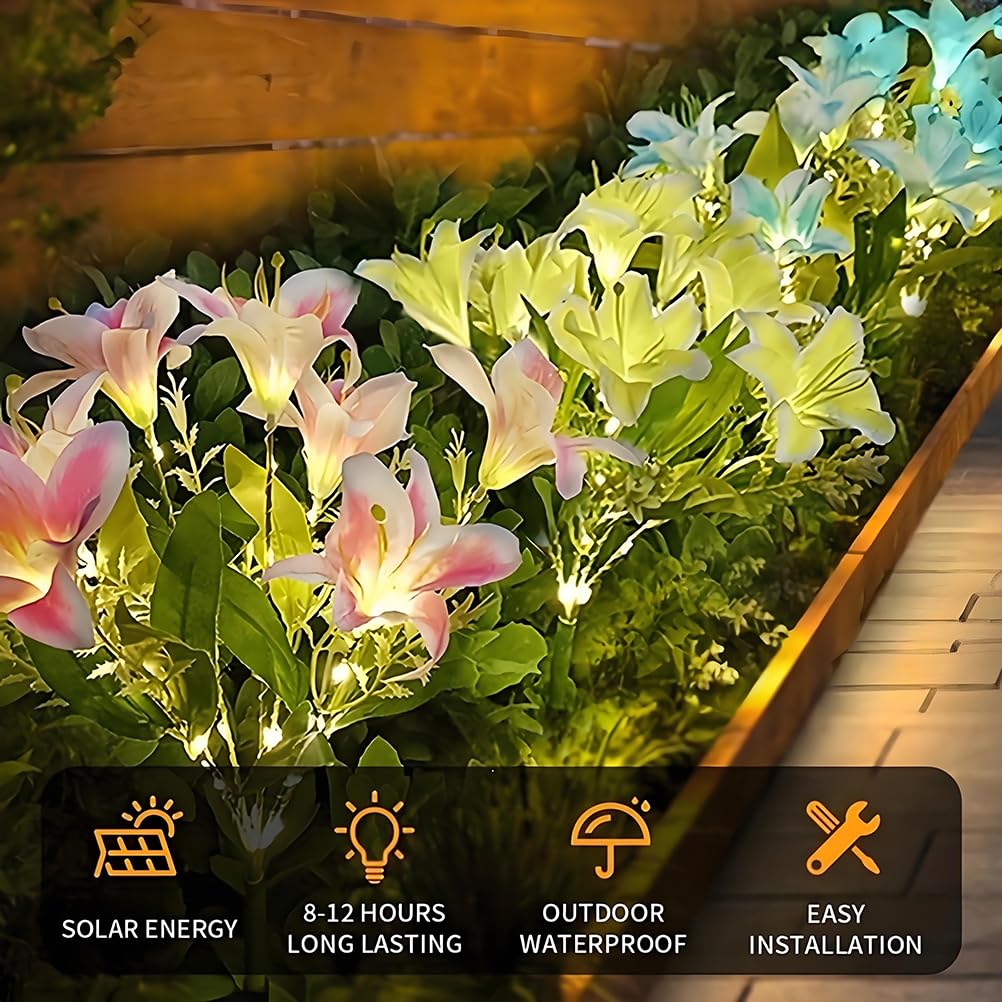 AoLa Confezione da 2 luci solari da giardino per uso esterno, lampada solare LED forma di giglio impermeabile IP65 con spina di terra luce a forma di fiore simulato decorazione, luce calda,Rosa