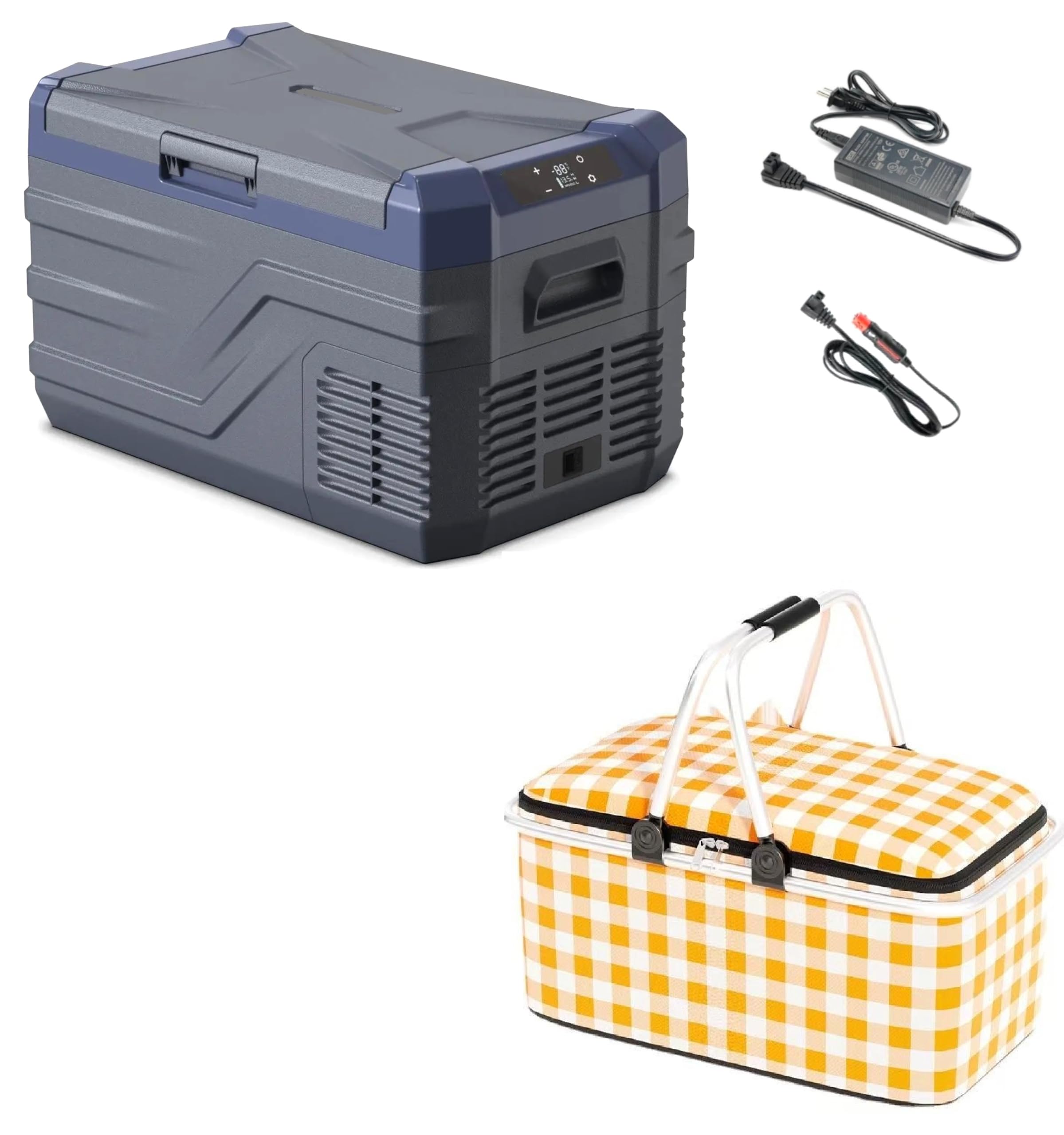 Przenośna lodówka elektryczna 40 litrów + termiczny kosz piknikowy z kompresorem 12 V/24 V 110 V/220 V, cyfrowy wyświetlacz cichy i pojemny samochód kempingowy