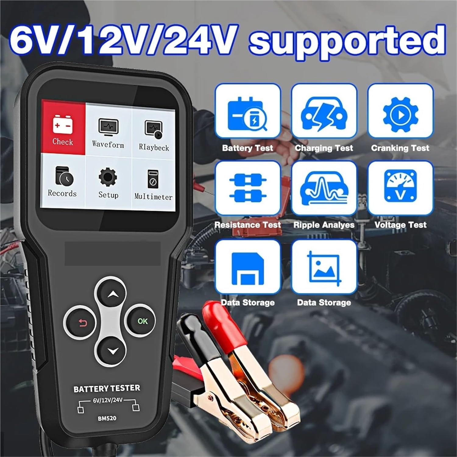 Battery Tester. BM520 Professional Car Battery Tester 6V 12V 24V Truck Battery Diagnostic Tool 12V Battery Analyzer Cranking
