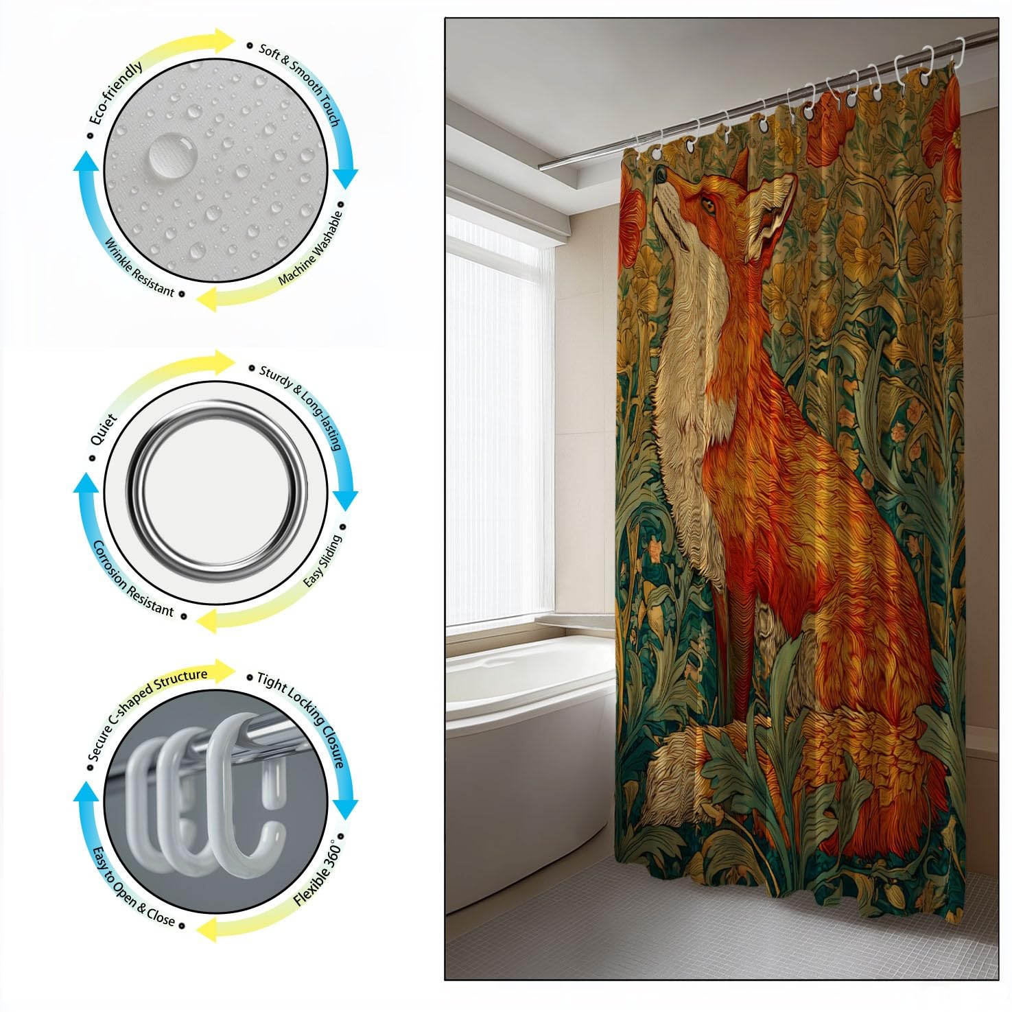 Generico Fantasia Tenda Da Doccia Arte Giardino Volpe Arancione, Tenda Da Doccia Per Bagno, Vasca Da Bagno, Tenda In Poliestere Impermeabile Con Ganci In Plastica, 200 x 200 cm