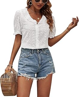 Blusa de Color Puro, Camisa Transpirable con Cuello en V y Volantes para Mujer, Manga Farol, Poliéster Blanco, Combinación Sencilla para IR de Compras (SG)