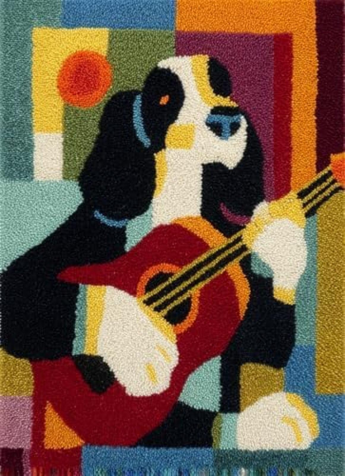 XDEGHUANGSS Latch Hook Rug Kit English Springer Spaniel Playing Guitar with Pre-Printed Mat Cover DIY Cushion Crochet Yarn Hooking Craft Set for Floor Decor 38x52cm-3
