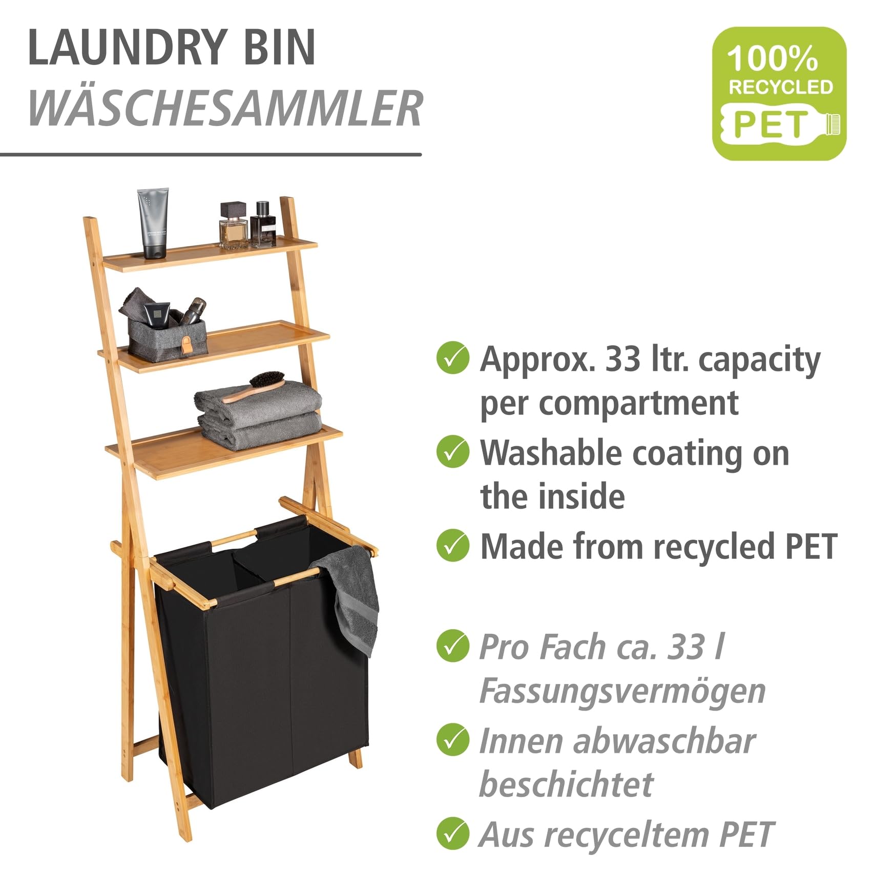 WENKO Leiterregal mit Wäschesammler Ecori, Leiter aus Bambus, Wäschekorb mit 2 Fächern (je ca. 33 L), Textil aus recyceltem Polyester, Schwarz