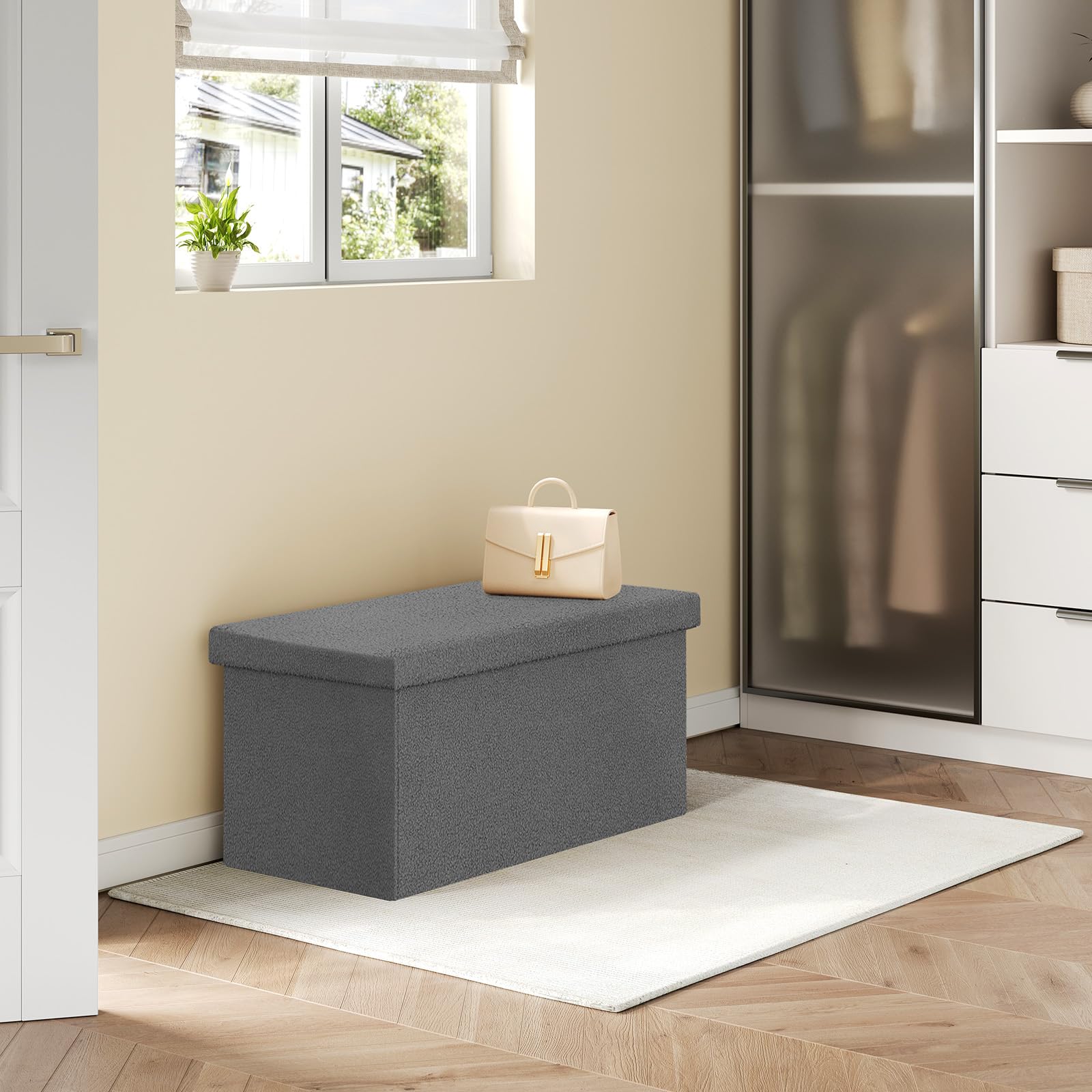 WOLTU Taburete Almacenaje Plegable, Baúl Almacenamiento, Taburete Puff Reposapiés para Sofá y Cama, con Tapa Extraible, Tapizado en Tela Polar Teddy, 80 L, 76x38x37 cm, Gris Oscuro