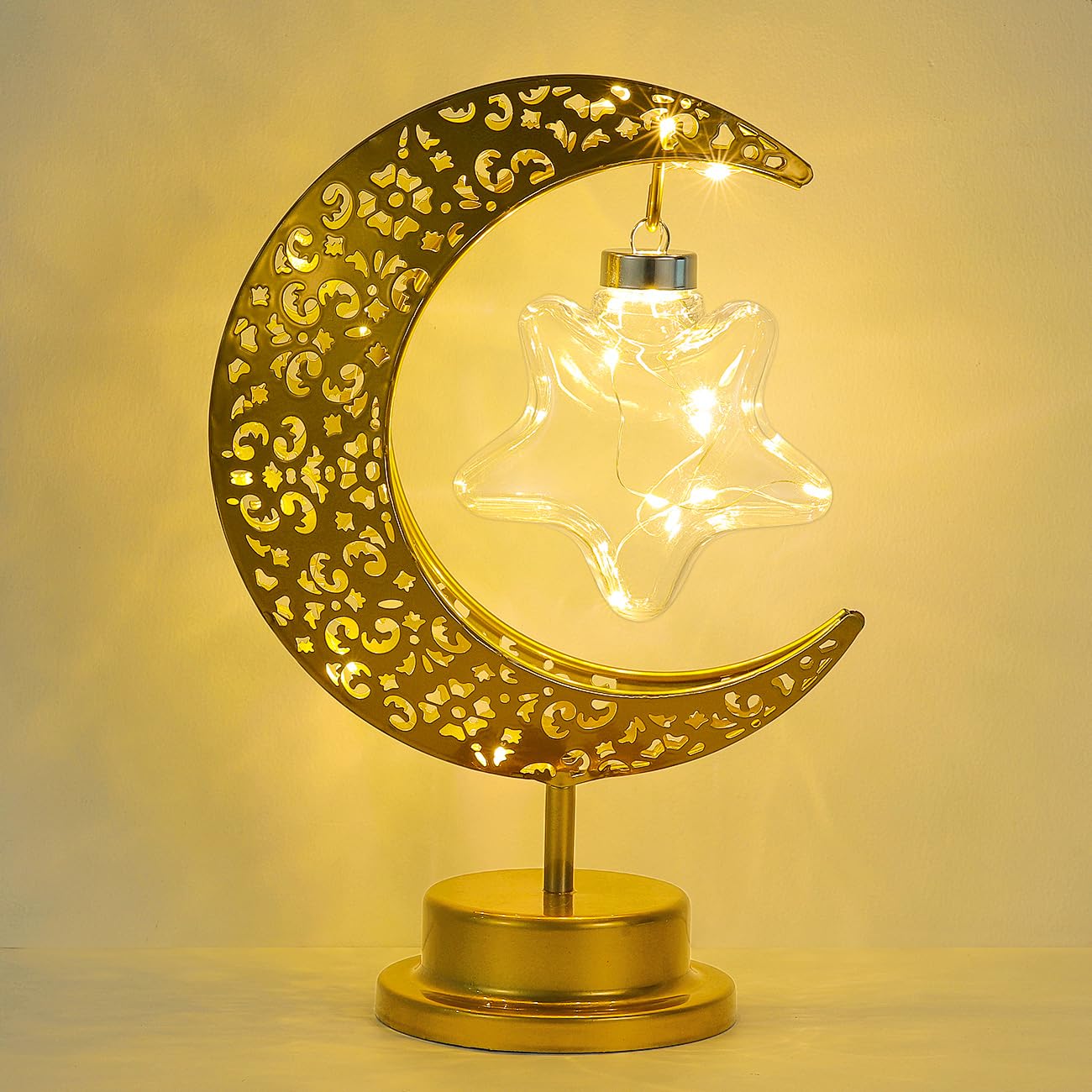Lewondr Decorative Table Lamp, Battery Powered Ramadan Desk Lamp Decorations Crescent Table Light Lunar Star Moon Lantern for Bedside Nightstand Desktop Room Party, Eid Mubarak Decor, Warm Light