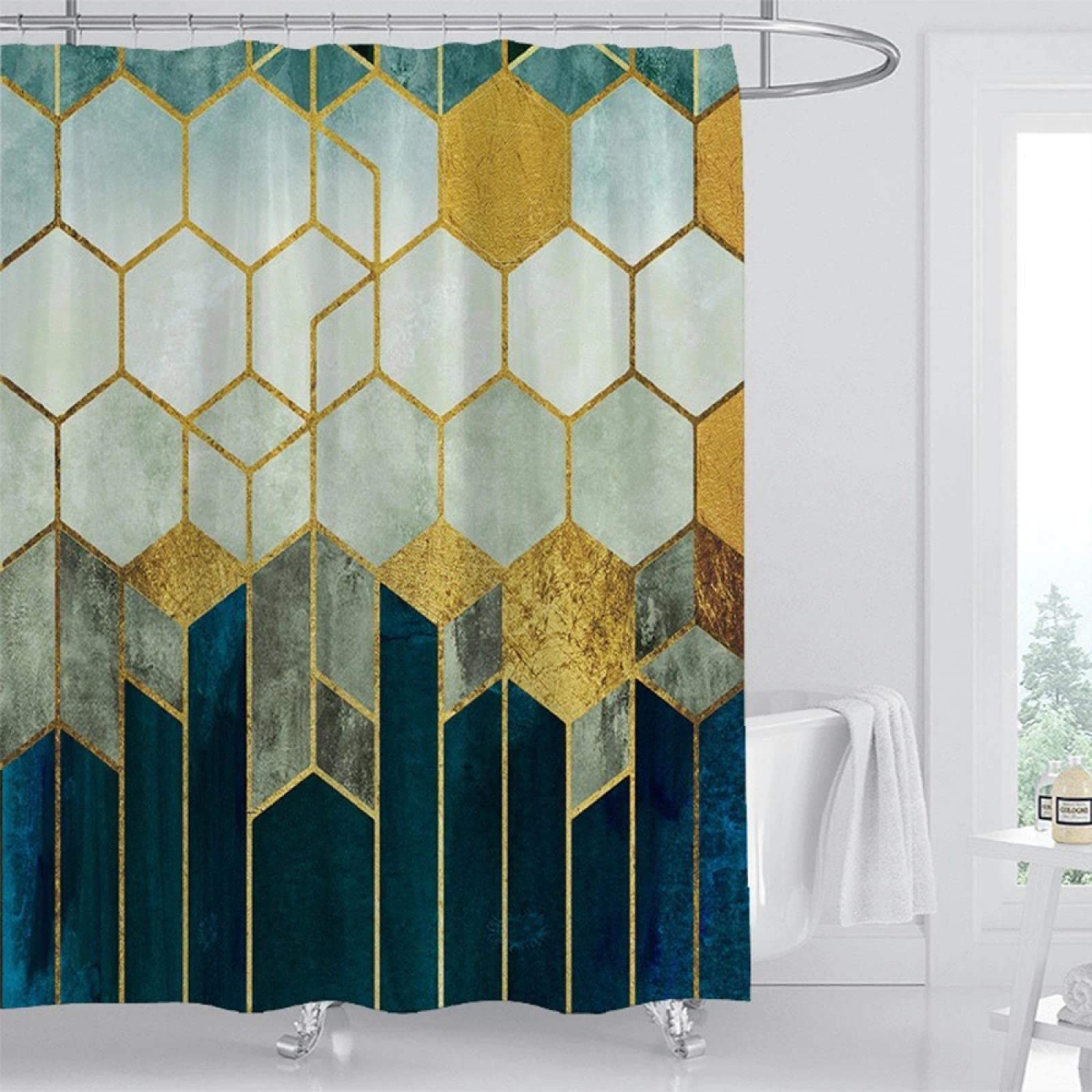 Rideau de douche imperméable noir motif géométrique 110x220cm avec crochets