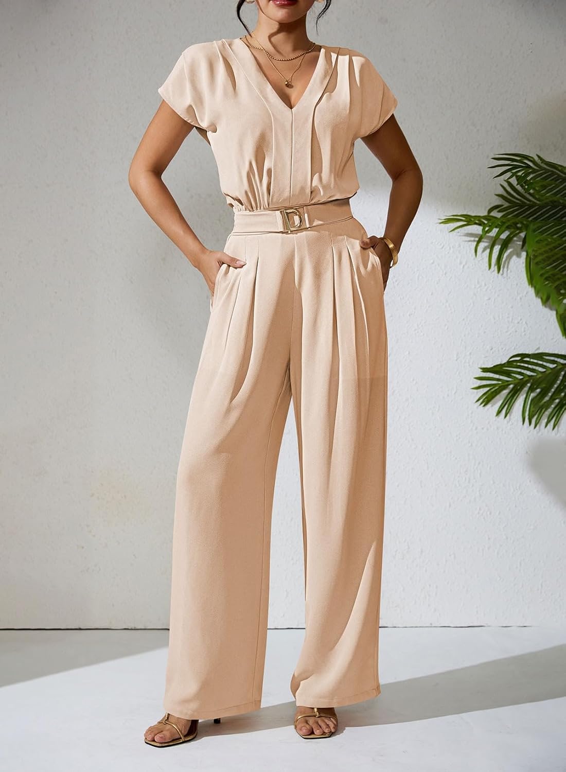 Pink Queen Jumpsuits for Women Dressy V Neck Short Sleeve Wide Leg Rompers Business Casual One Piece Outfits - Image 6