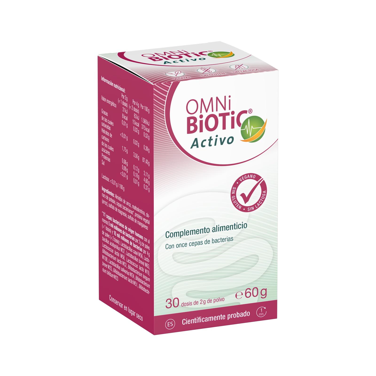 OMNi BiOTiC Activo | Frasco de vidrio | 30 Dosis (60g) | Probiótico |11 cepas bacterianas | 5 mil millones de bacterias por dosis diaria | Polvo | Sin gluten | Sin lactosa | Para uso diario