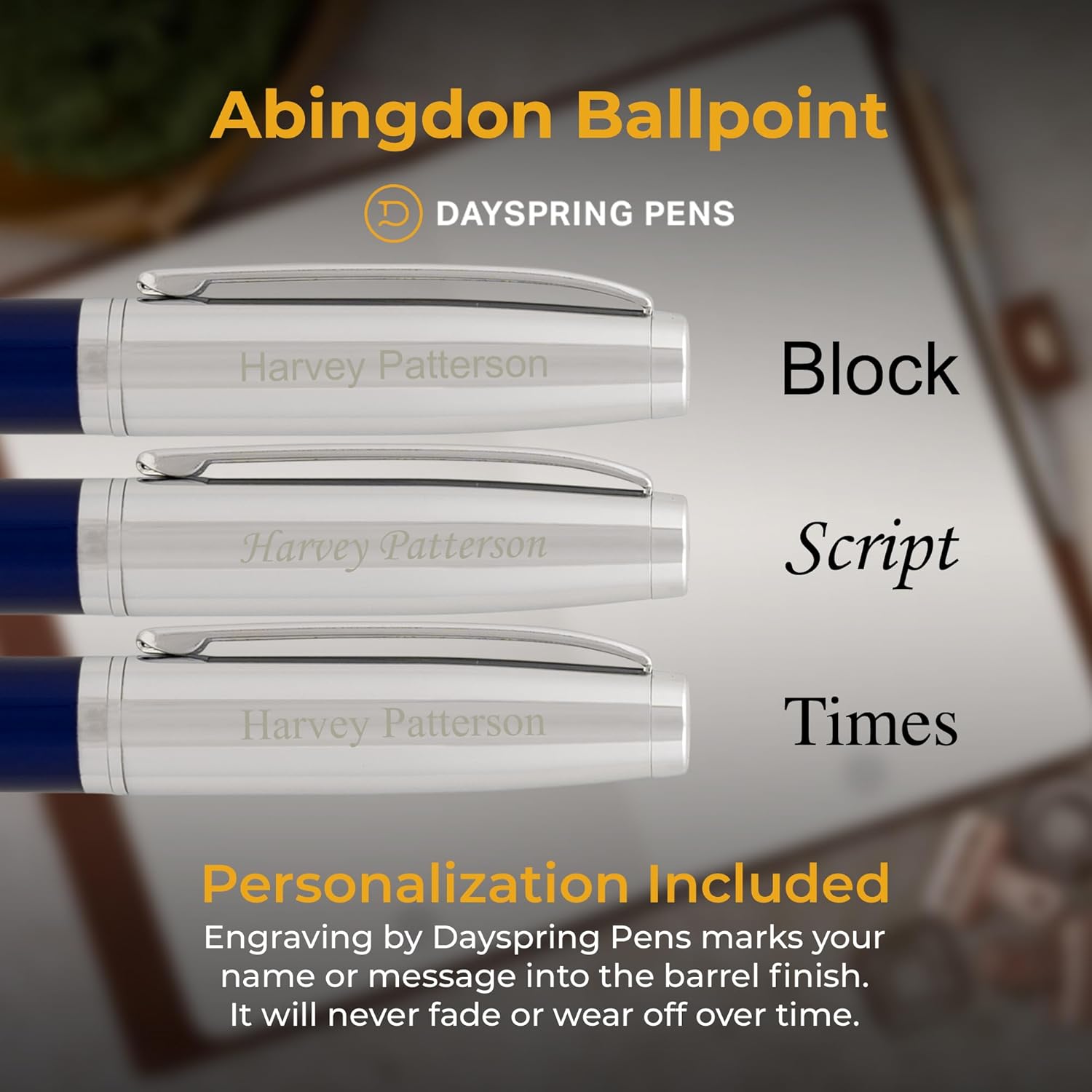 Dayspring Pens Abingdon Ballpoint Pen, Blue with Chrome Cap, Custom Engraved — Graduation, Promotion, Office, or New Hire Gift