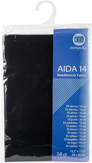 RTO Aida 14 Count Cross Stitch, 100% Cotton, Black, 39 x 45 cm