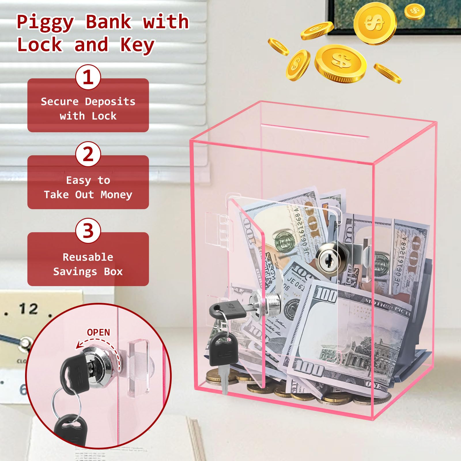 Hucha Transparente de Acrílico con Llave, 15x12x20cm, Caja de Donaciones con Cerradura, Contenedor para Monedas y Billetes