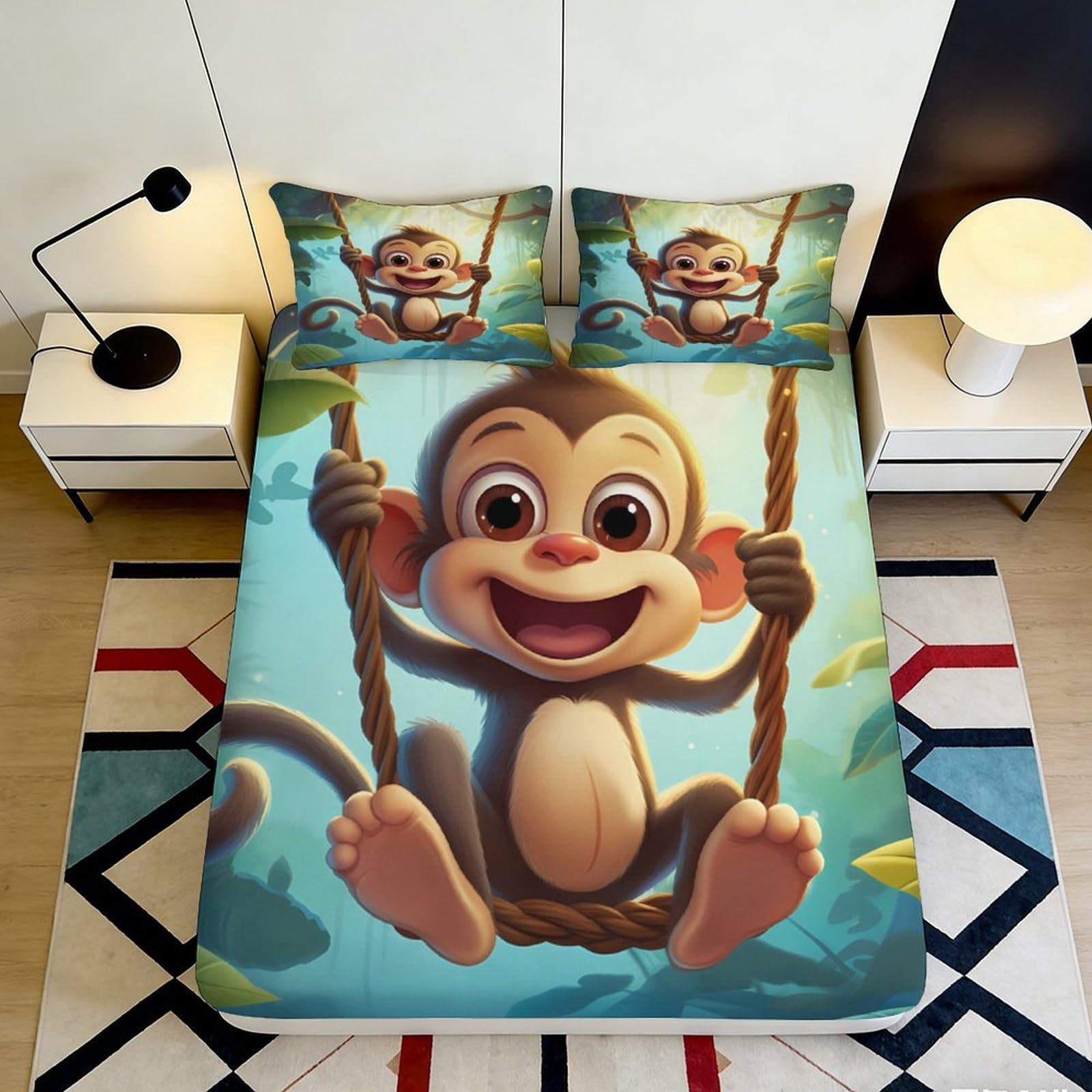 3D Printed Cartoon Monkey Fitted Sheet Microfiber Deep Pocket Non-Slip Bedroom Bedding Monkey Mattress Fitted Cover for Adults Teen 200x200x25cm