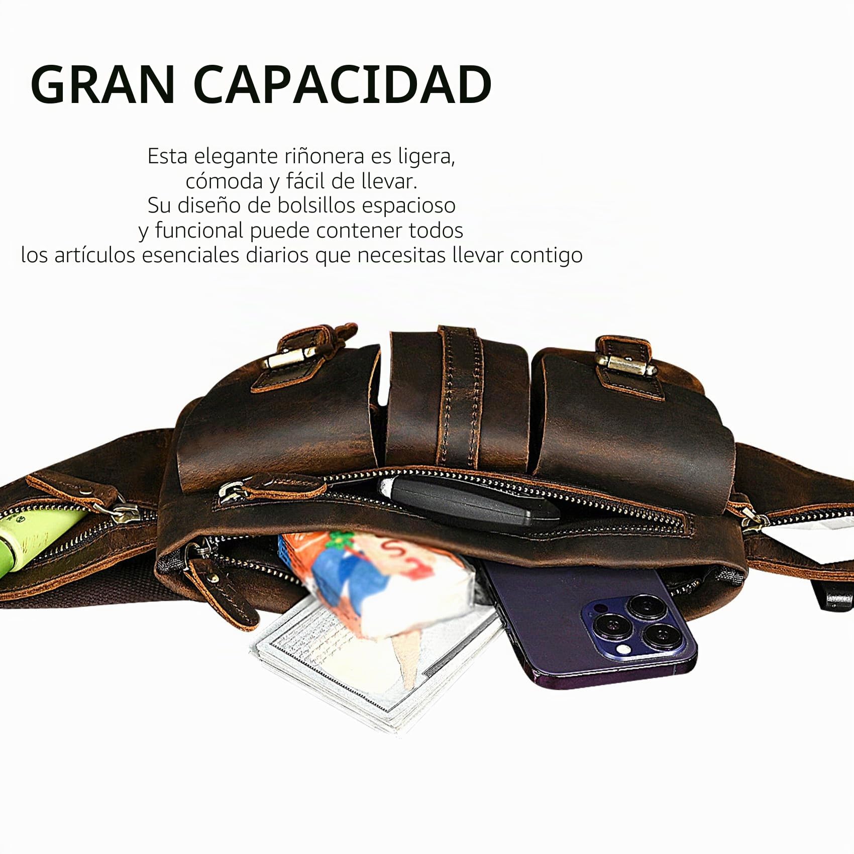 cuero de caballo loco, cuero genuino, bolsa de cinturón al aire libre de senderismo Fanny cintura bolsa telefónica para hombres y mujeres 380