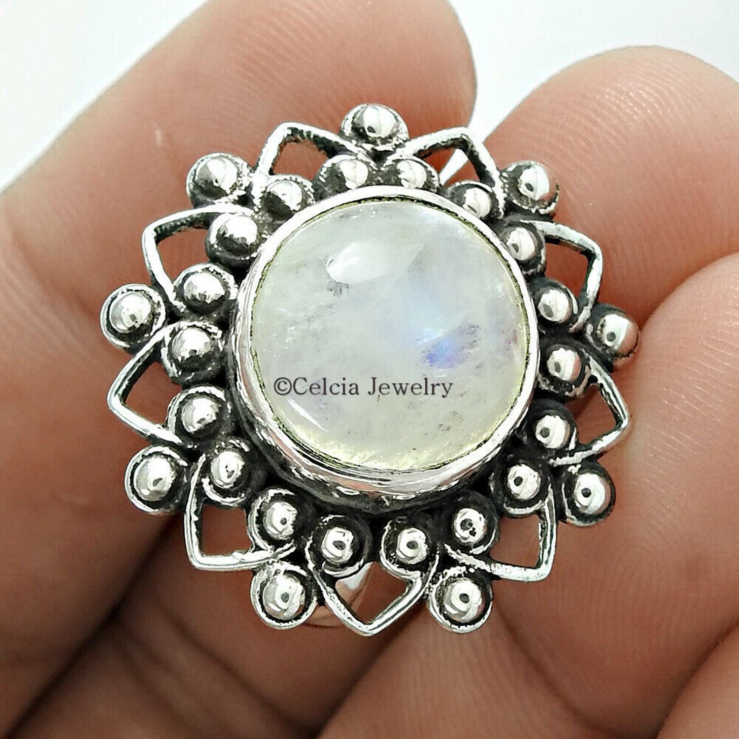 Anello pietra di luna arcobaleno, anello rotondo cabochon in pietra bianca, anello nuziale, anello fantasia, anello definitivo, regali artigianali, gioielli Art Déco