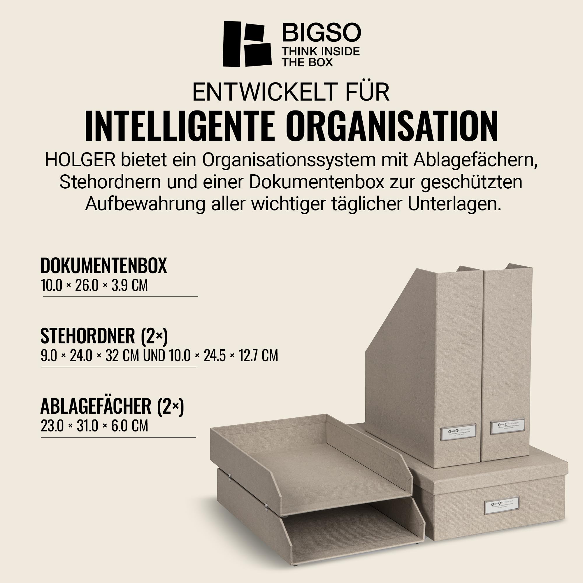 BIGSO HOLGER 5-teiliges Schreibtisch Set – Ordnungssystem mit 2 Stehsammlern, 2 Briefablagen und einer Box – Organizer aus Faserplatte und Papier in Leinenoptik – beige