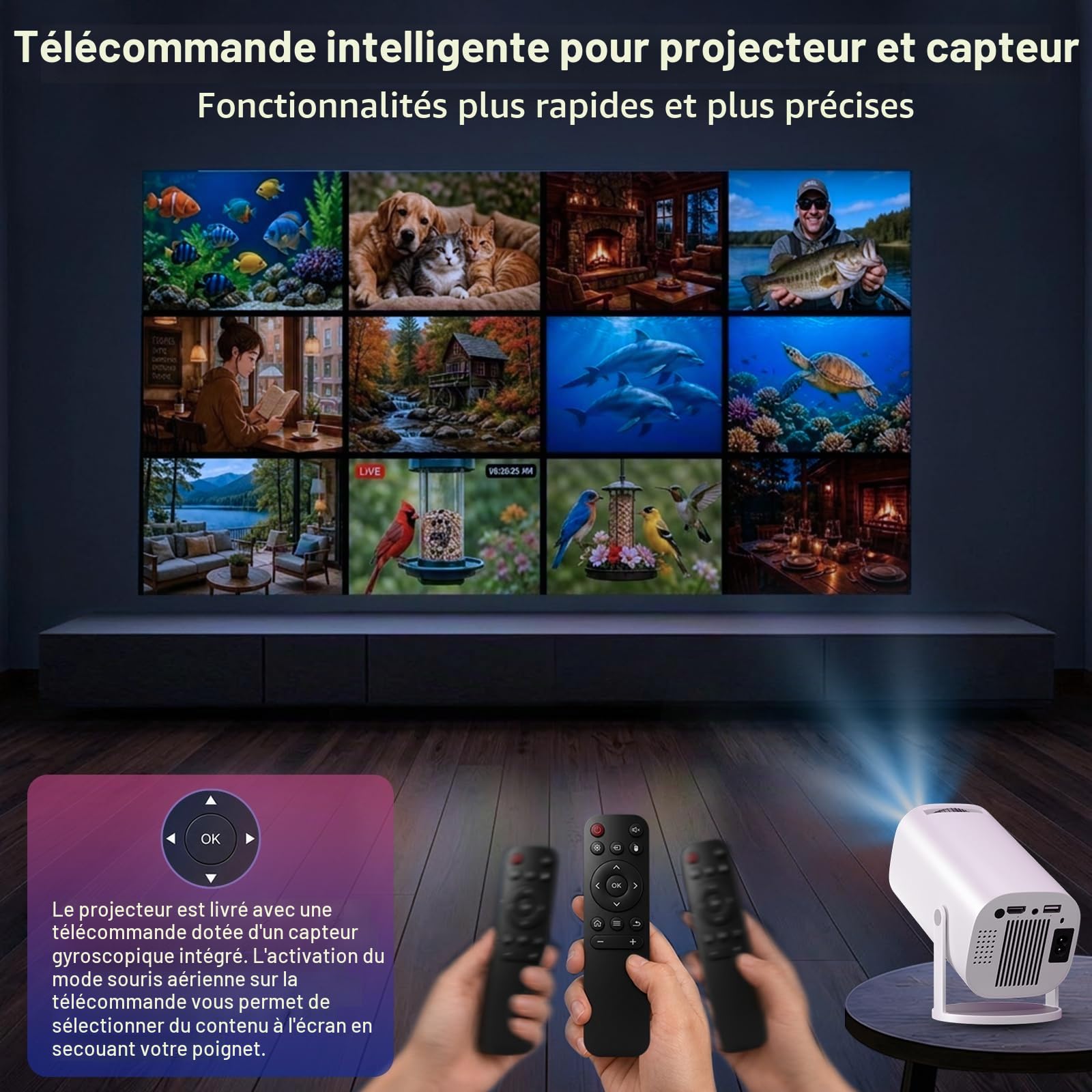 Mini Videoprojecteur Supporte 4K 1080P avec WiFi 6 et Bluetooth 5.4, Mini Projecteur Portable avec Correction Trapézoïdale Auto, Rotatif 180°, Videoprojecteur Compatible Laptop/HDMI/TV Stick, Blanc