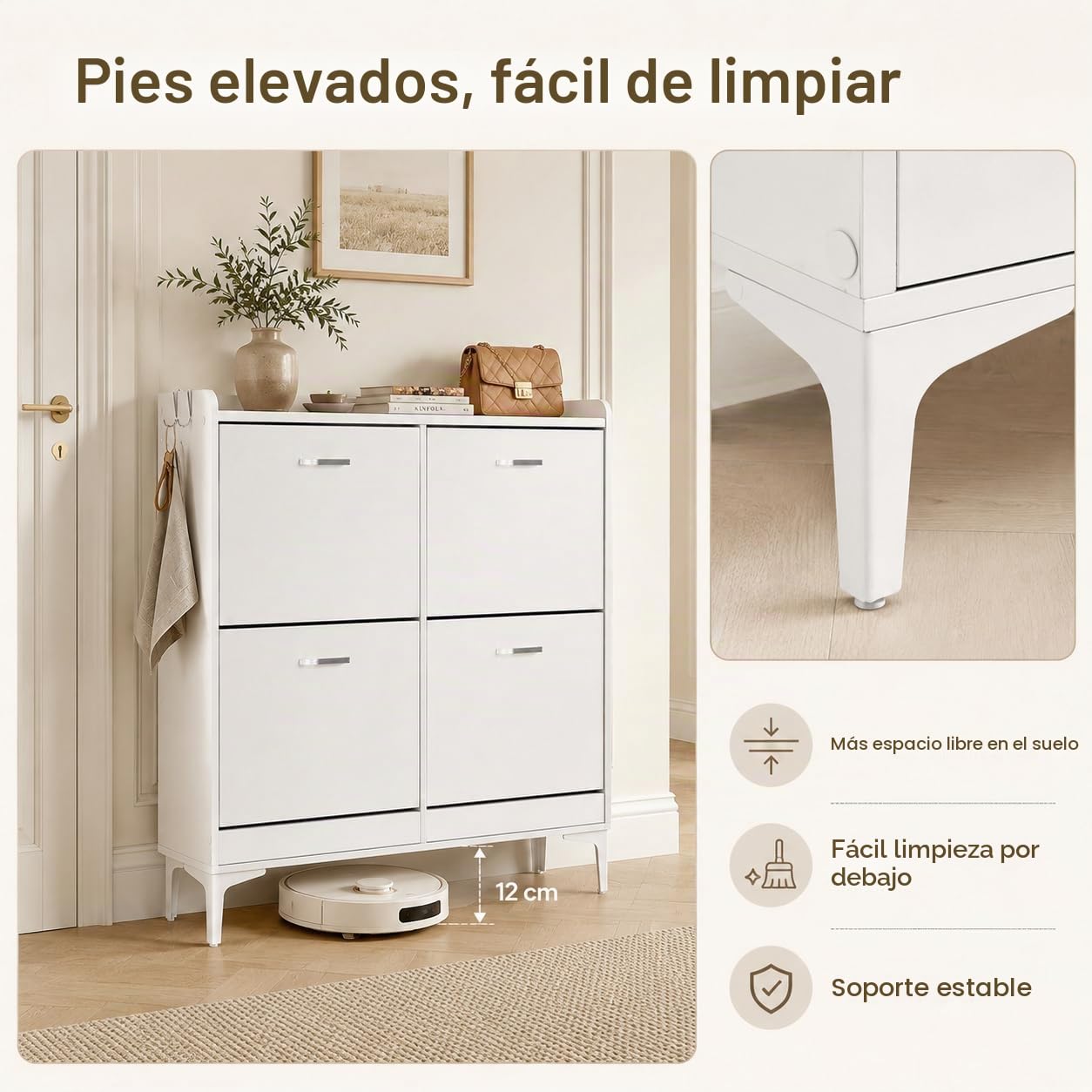EGGREE Zapatero Estrecho con 4 Puertas Abatibles y Estantes Regulables, Mueble de Almacenamiento Blanco para Entrada, Salón, Dormitorio,105x24x102 cm
