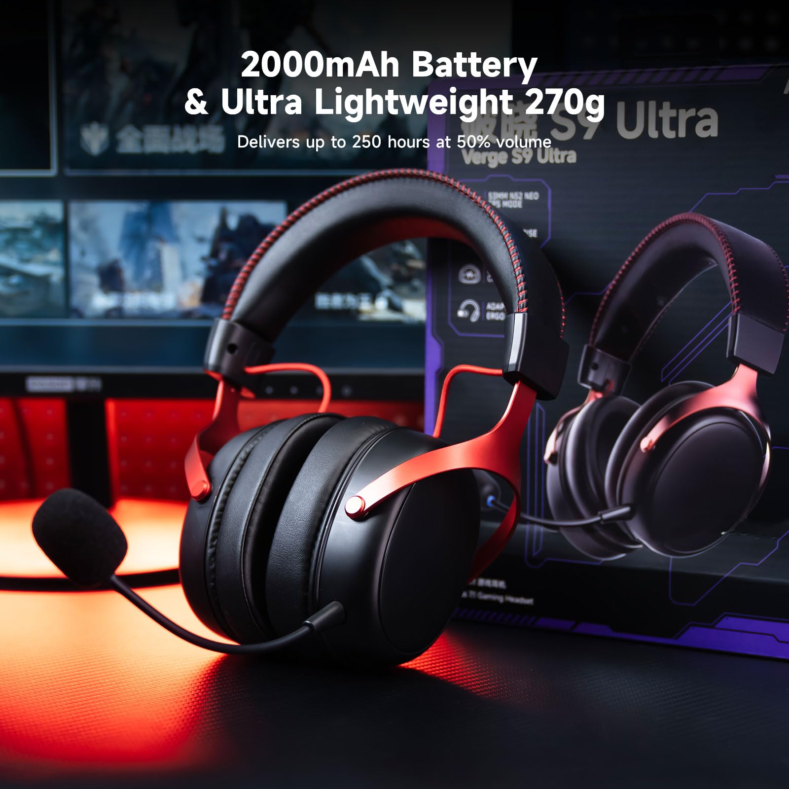 Akko Verge S9 Gaming Headset Kabellos 25ms Niedrige Latenz 270g Leicht | 53mm Treiber, Quad-Modus 2.4G Bluetooth Kabel, Mikrofon mit Geräuschreduzierung, 250H Akku, für PC PS5 PS4(Schwarz Rot)