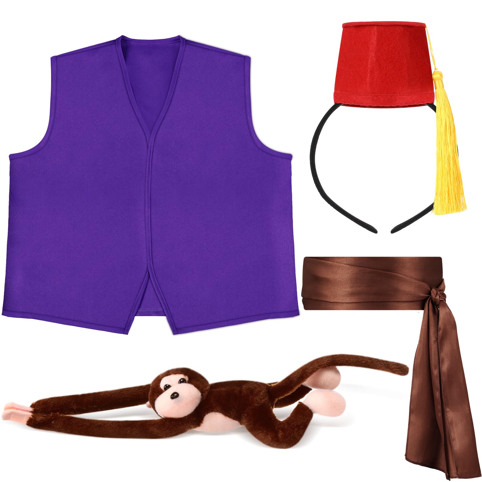 Lunmon 4 Pcs Halloween Costume Accessory, Includes Arabian Prince Brown Satin Sash Belt, Fez Hat Headband, Purple Vest, Hanging Stuffed Animal for Men Adult Halloween Cosplay Supplies