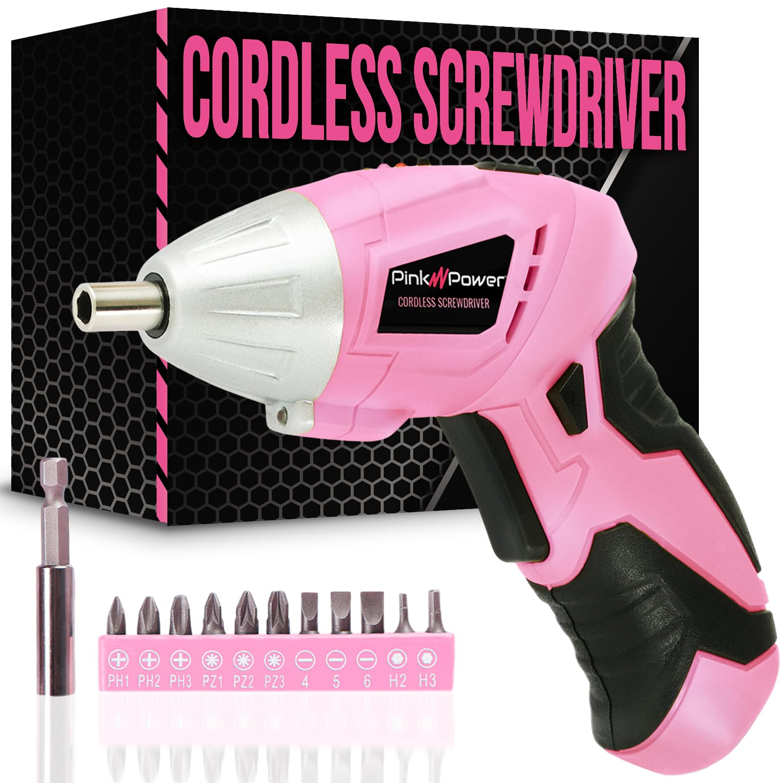 Pink Power 3 6 Volt Electric Screwdriver Cordless Rechargeable Screw Gun Bit Set for Women - Cordless Screwdriver