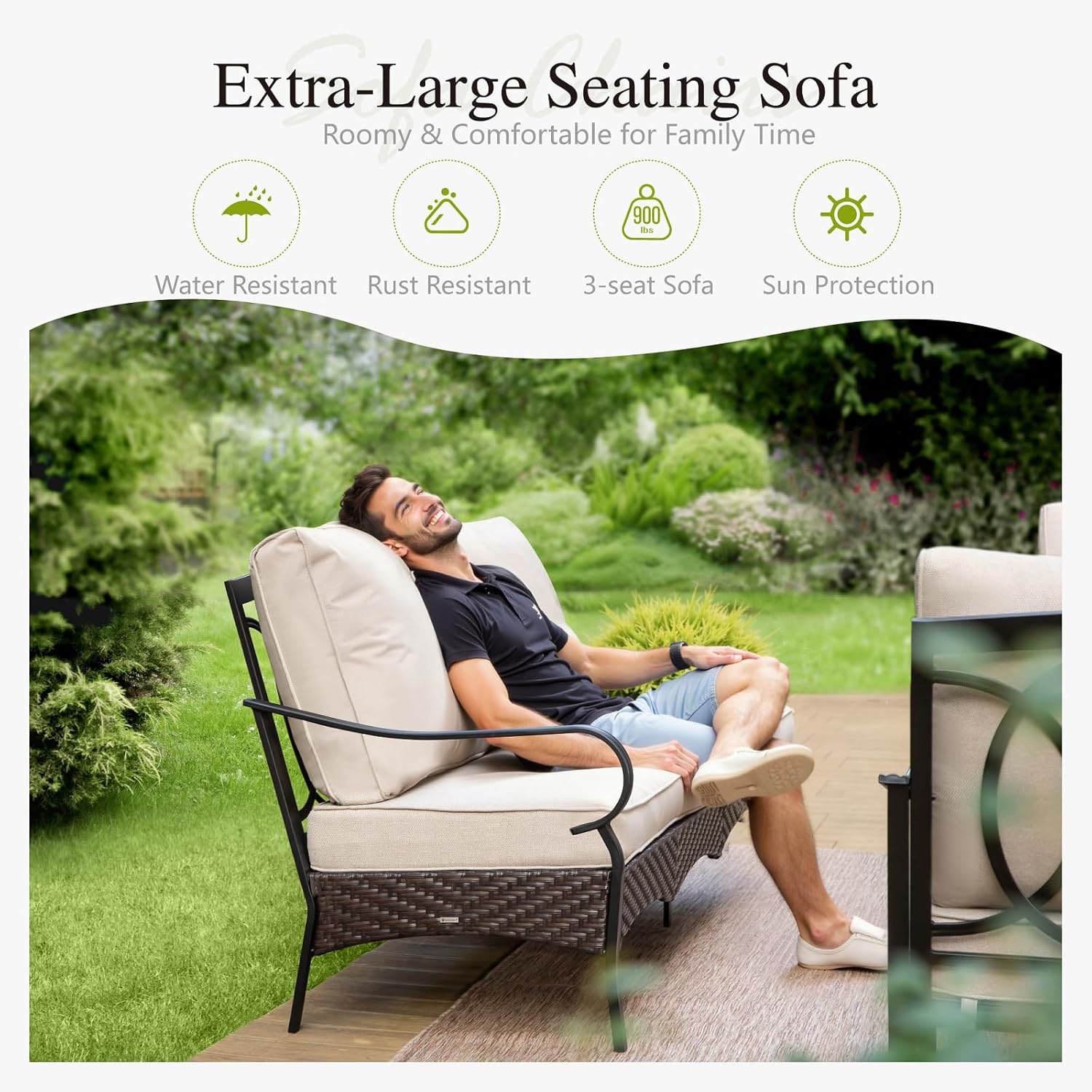 Sophia & William Patio Furniture Set with Fire Pit Table, 4 PCS Metal Outdoor Conversation Set with Fire Pit Table, 2 Sofa Chairs,3-Seater Couch for Outdoor Seating, Backyard, Porch(Beige)