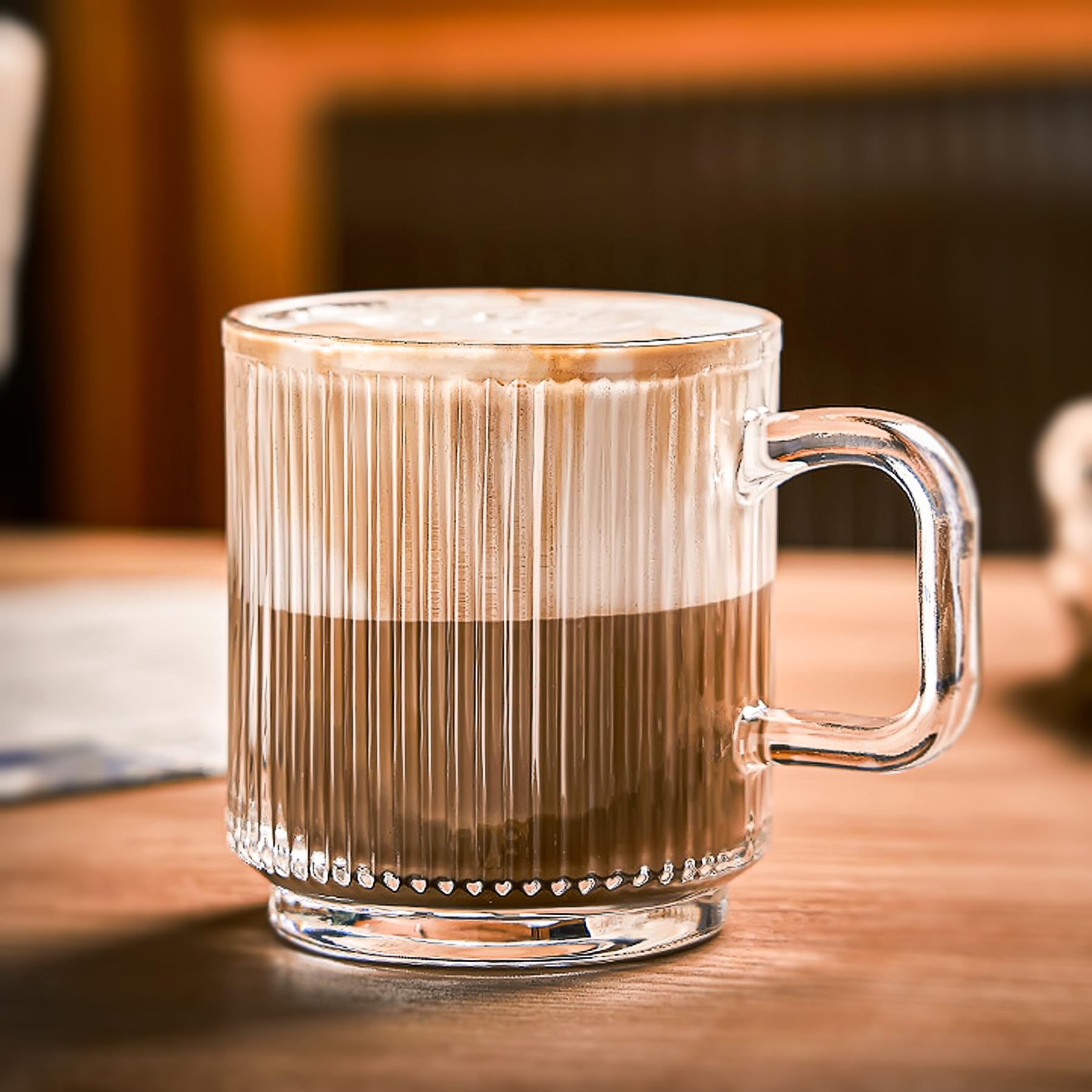 Lot de 6 tasses à café en verre de 355 ml avec poignées – Ensemble de tasses à thé classiques à rayures verticales transparentes pour boissons chaudes/froides