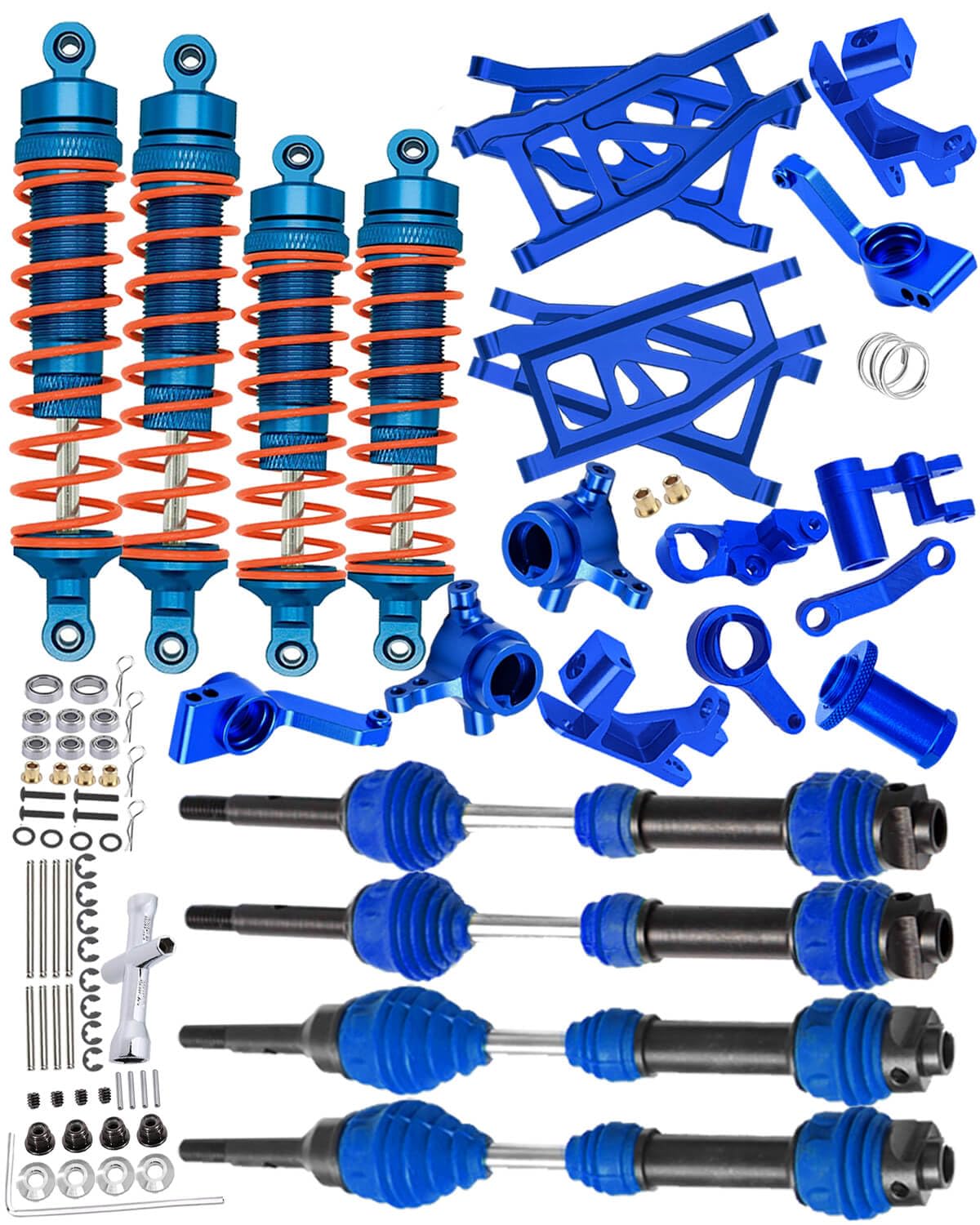 hopsupRC Upgrades for 1/10 Rustler/Stampede/Slash/Hoss 4x4 VXL,#45 Steel Drive Shaft CVD&Alloy RC Shocks&A Arms&Caster Block,Steering Blocks,Rear Stub Axle Carriers,Steering Bellcranks,Navy Blue