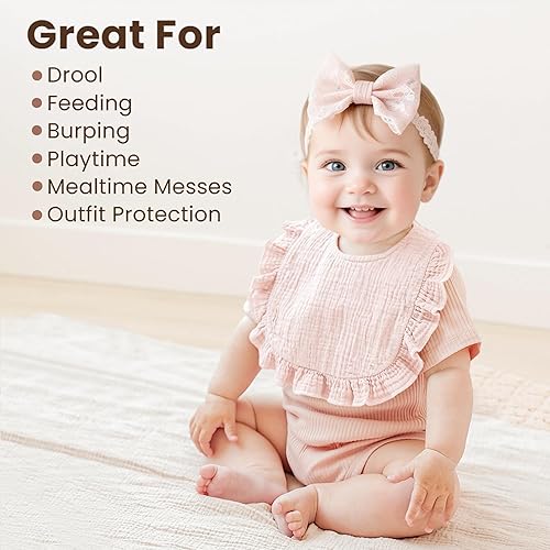 Miniatura 3 de Konssy Baberos de muselina para niñas, baberos suaves 100% algodón, ribete de volantes para recién nacidos y niños pequeños de 0 a 36 meses, paquete