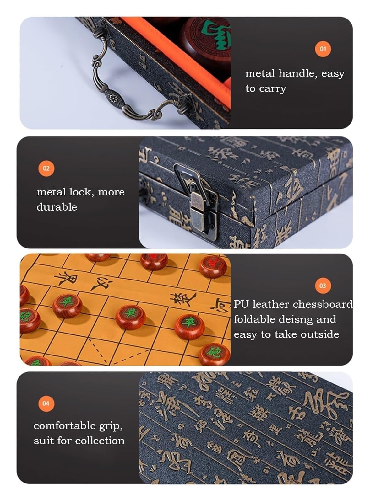 Palisander chiński zestaw szachowy - tradycyjna gra planszowa Xiangqi - edukacyjna gra strategiczna z pudełkiem i skórzaną szachownicą (5.8cm/2.28in)