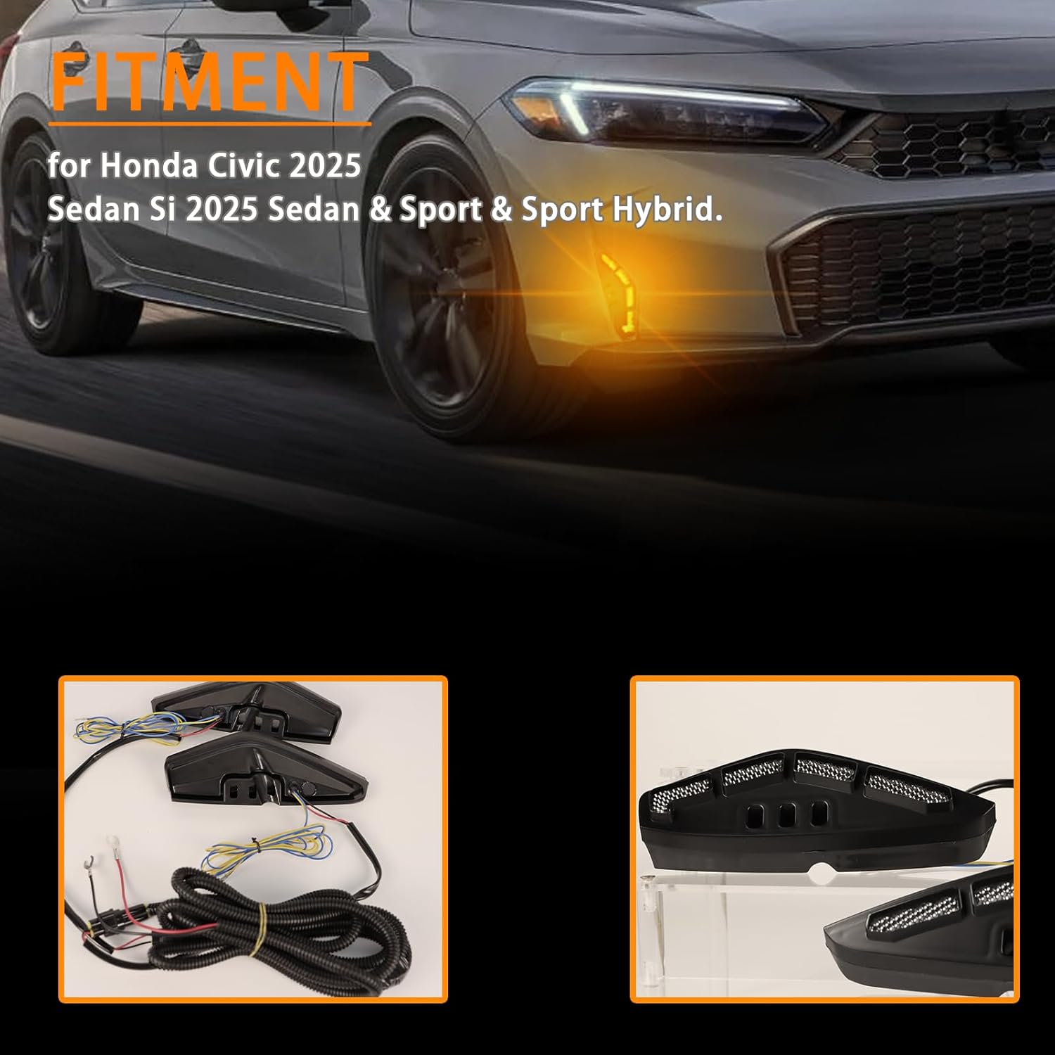 Upgrade LED Front Bumper Fog light DRL Amber Sequential Turn Signal Lamp Feature Kit for Honda Civic 2025 Sedan Si 2025 Sedan & Sport & Sport Hybrid Trim Accessories,2pcs