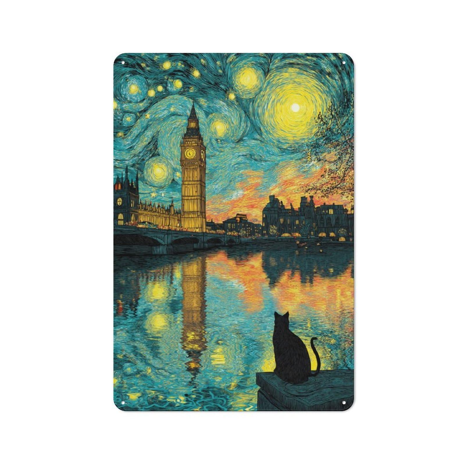 Junmoney London Nightscape With Reflections Vintage Tin Sign 30X20cm For Home Bar Wall, For Collectors Of Vintage Metal Wall Decor