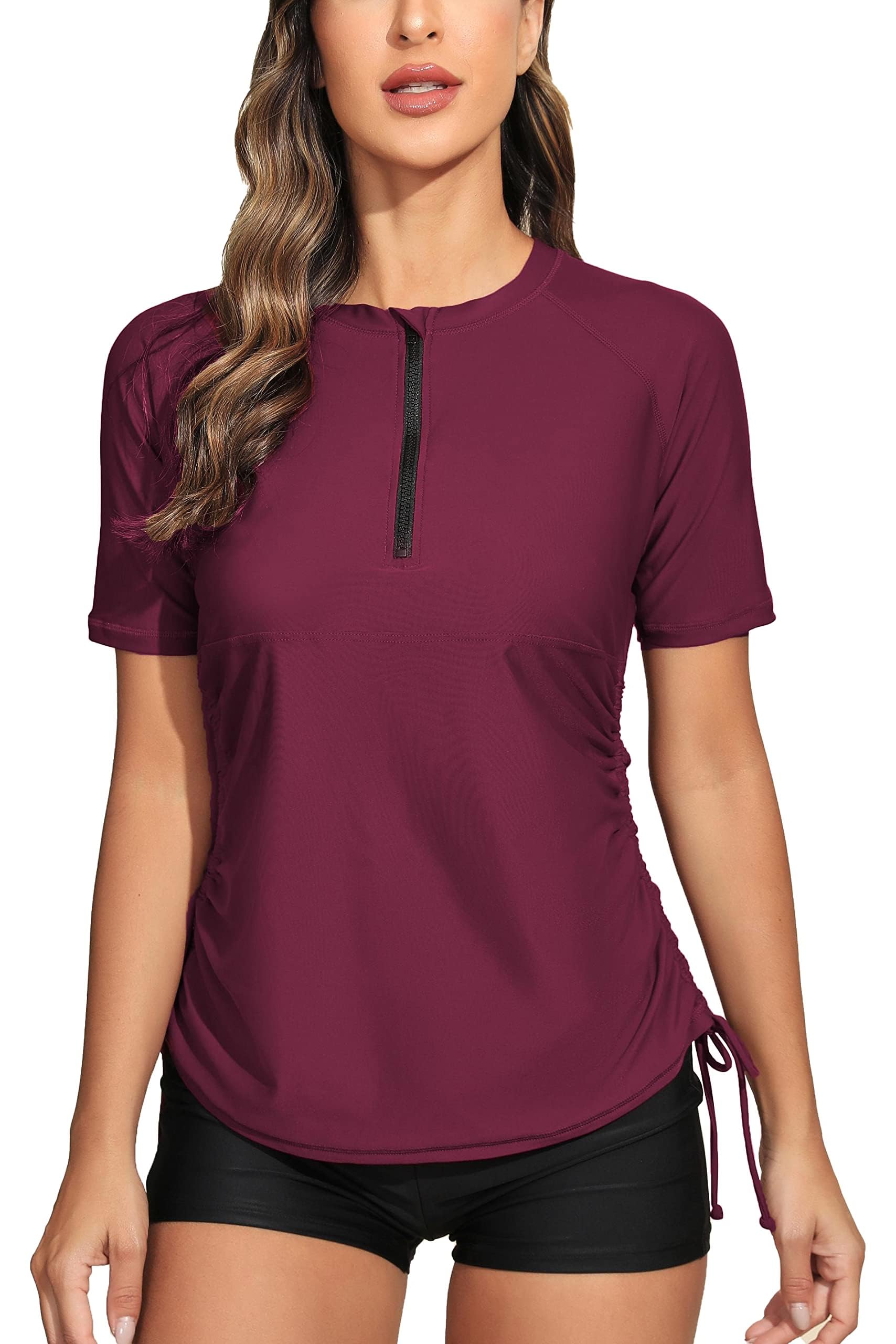 Women's Half Zip Short Sleeve Rash Guard Swim Shirt with Tie Drawstring UPF50+ Swimsuit Top