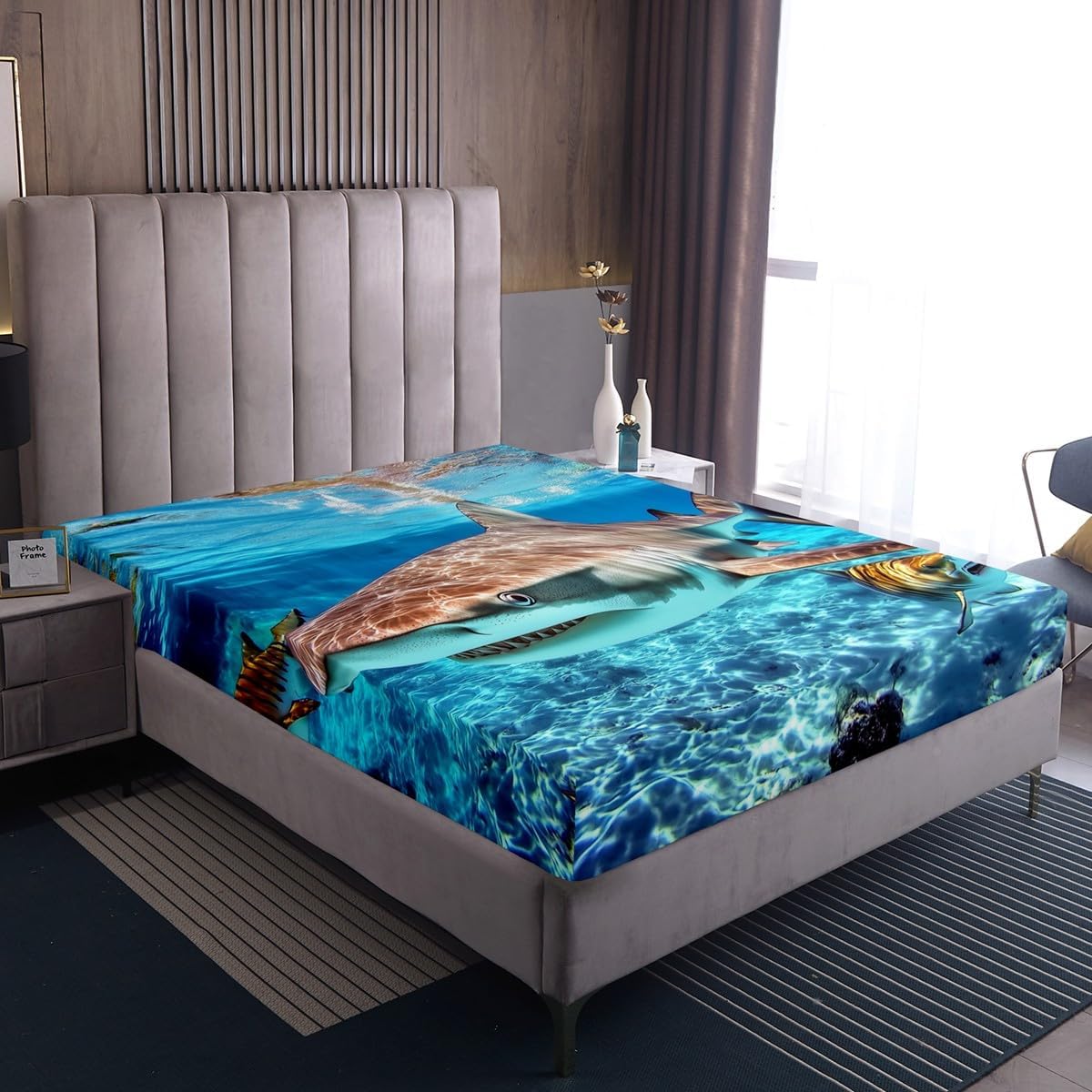 3D Shark Fitted Sheet Nautical Sea Animal Bed Sheets,Blue Ocean Marine Life Bedding Sets Underwater World Fish Bedding Decor Set Coastal Creature Bedroom Decor Full Size